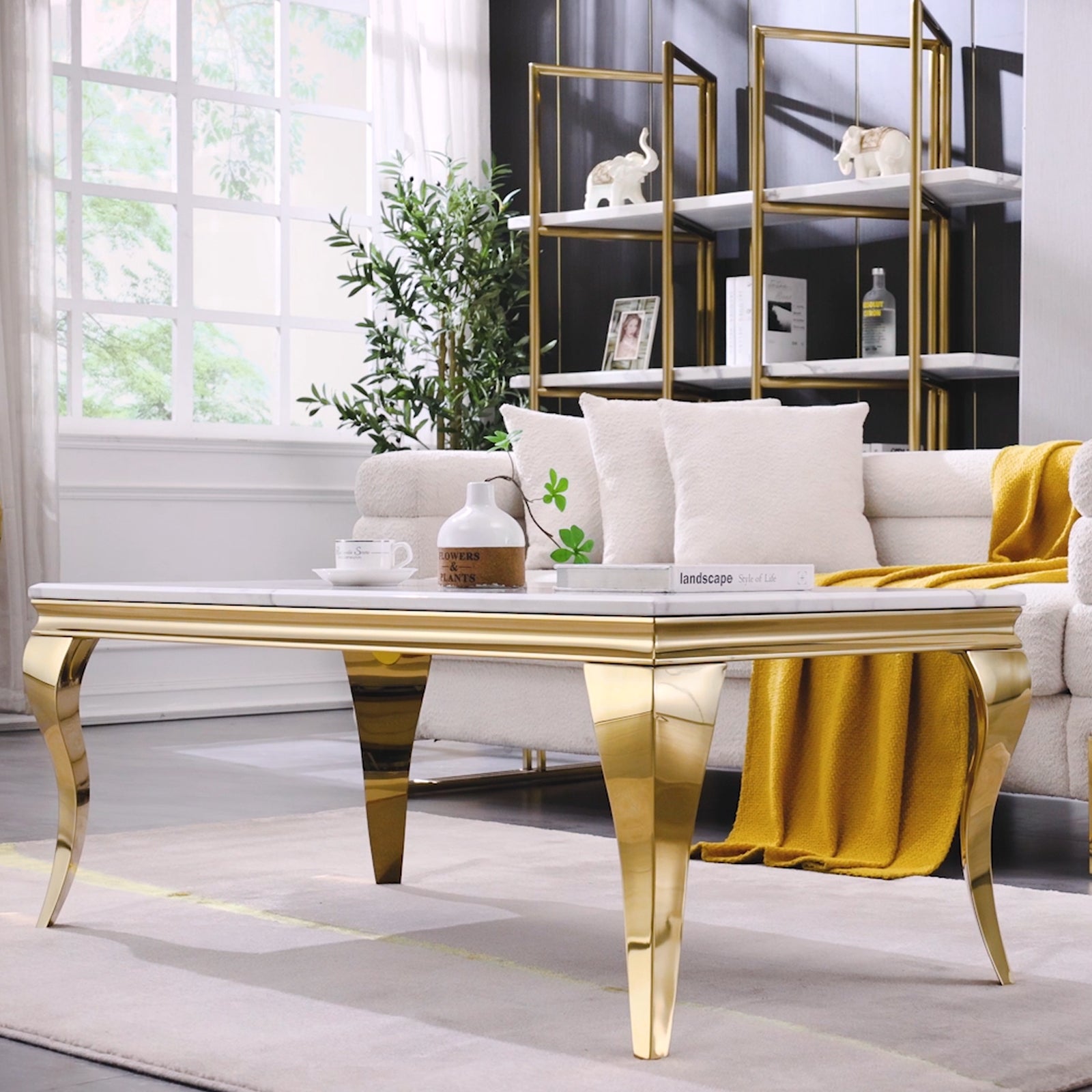 White Coffee Table with Gold Cabriole Legs | F316