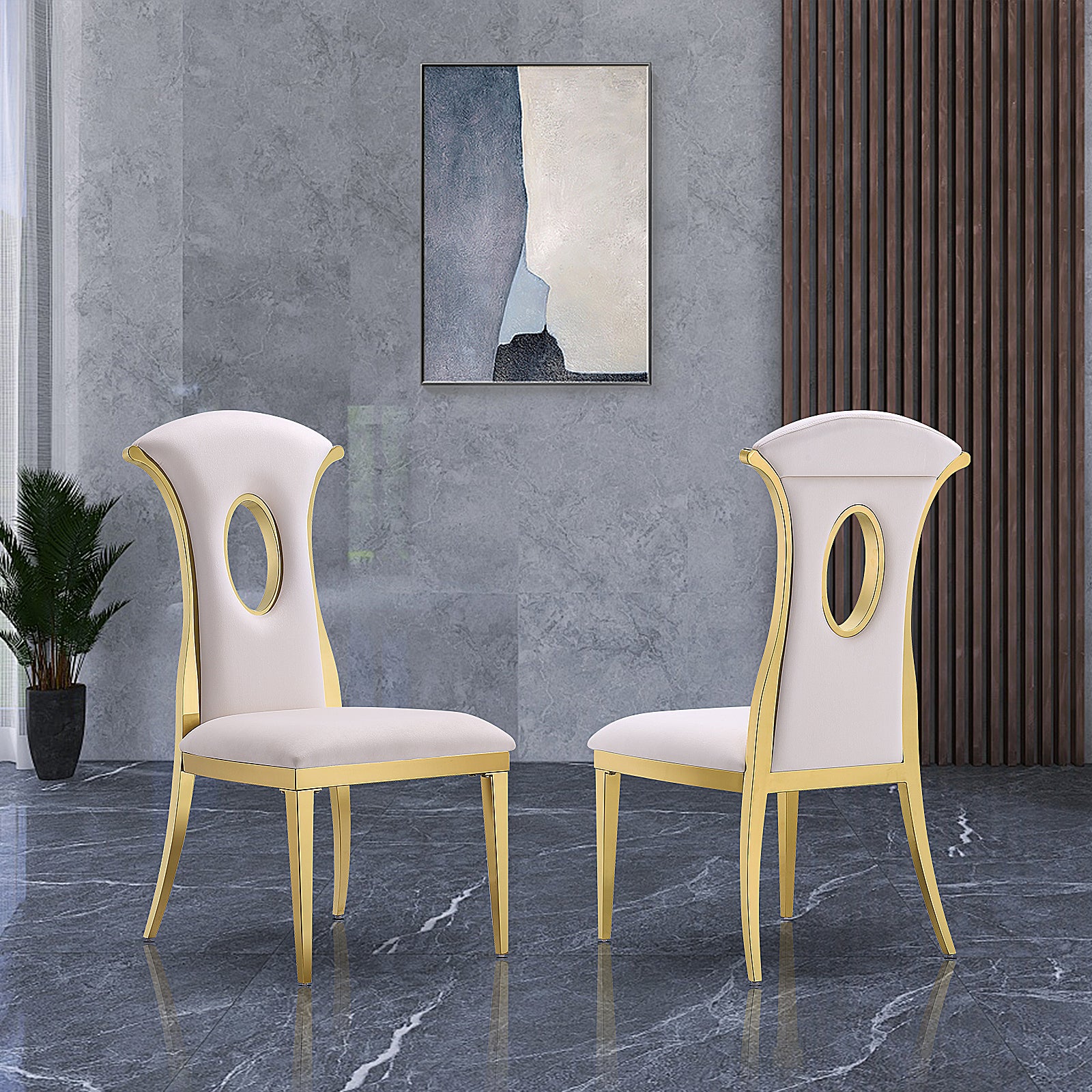 AUZ White Gold dining chairs | High Back Dining Room Chairs Set of 2| Gold metal legs | C173