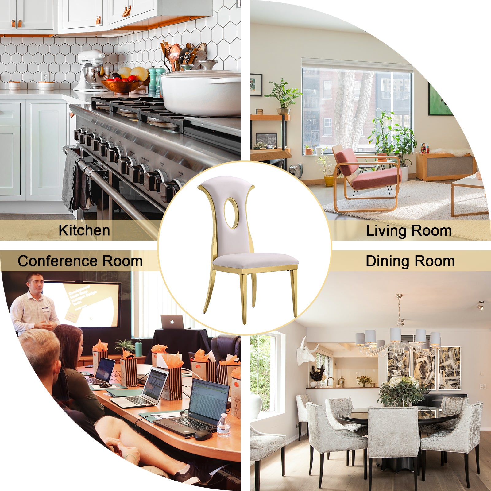 AUZ White Gold dining chairs | High Back Dining Room Chairs Set of 2| Gold metal legs | C173