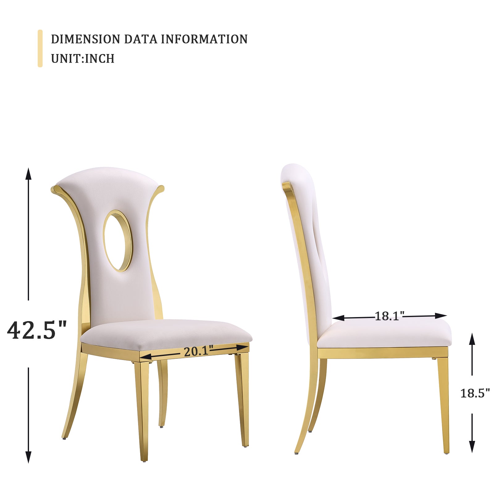 AUZ White Gold dining chairs | High Back Dining Room Chairs Set of 2| Gold metal legs | C173