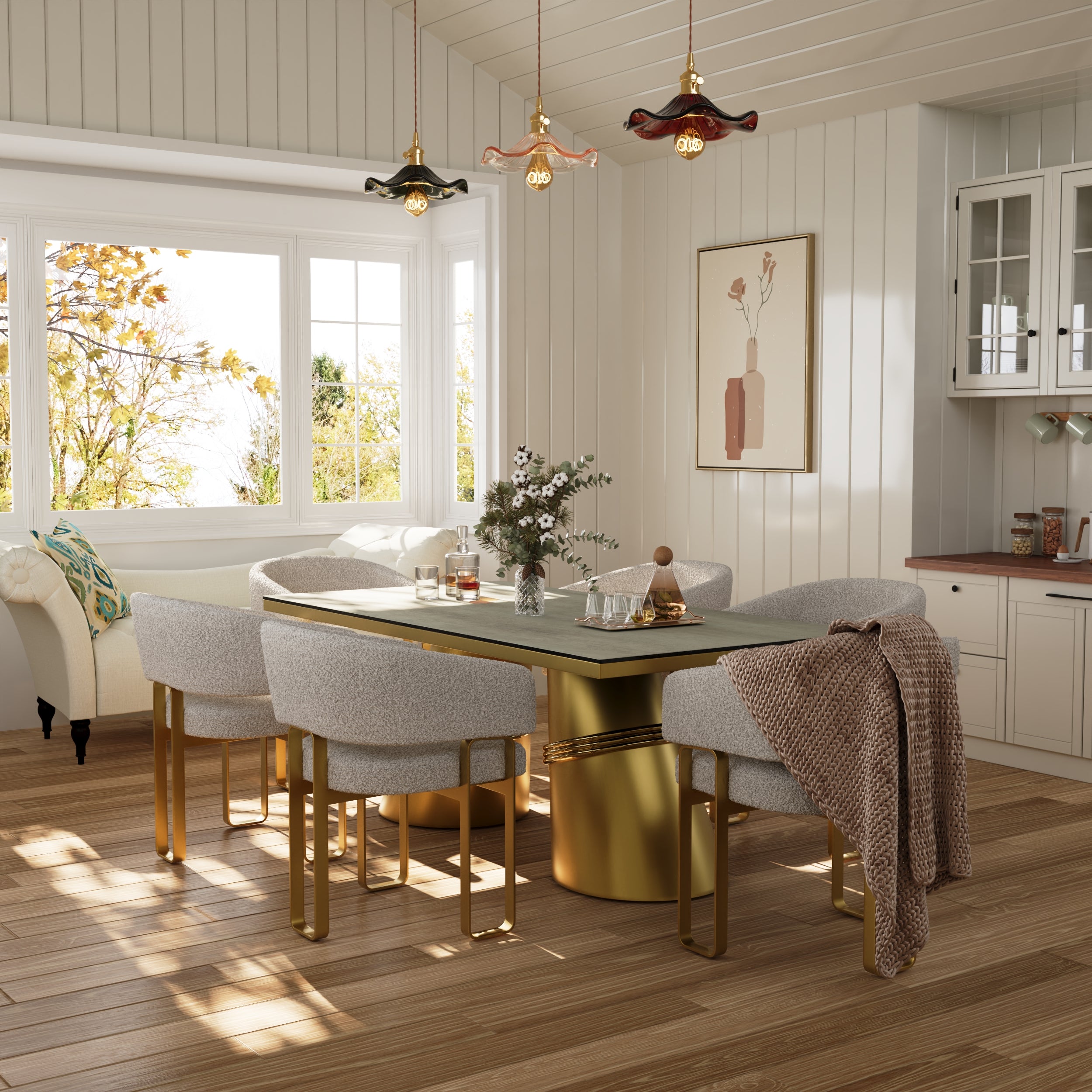 White and Brushed Gold Arm Chairs | Boucle Dining Room Chairs | Stainless Steel Legs | C186