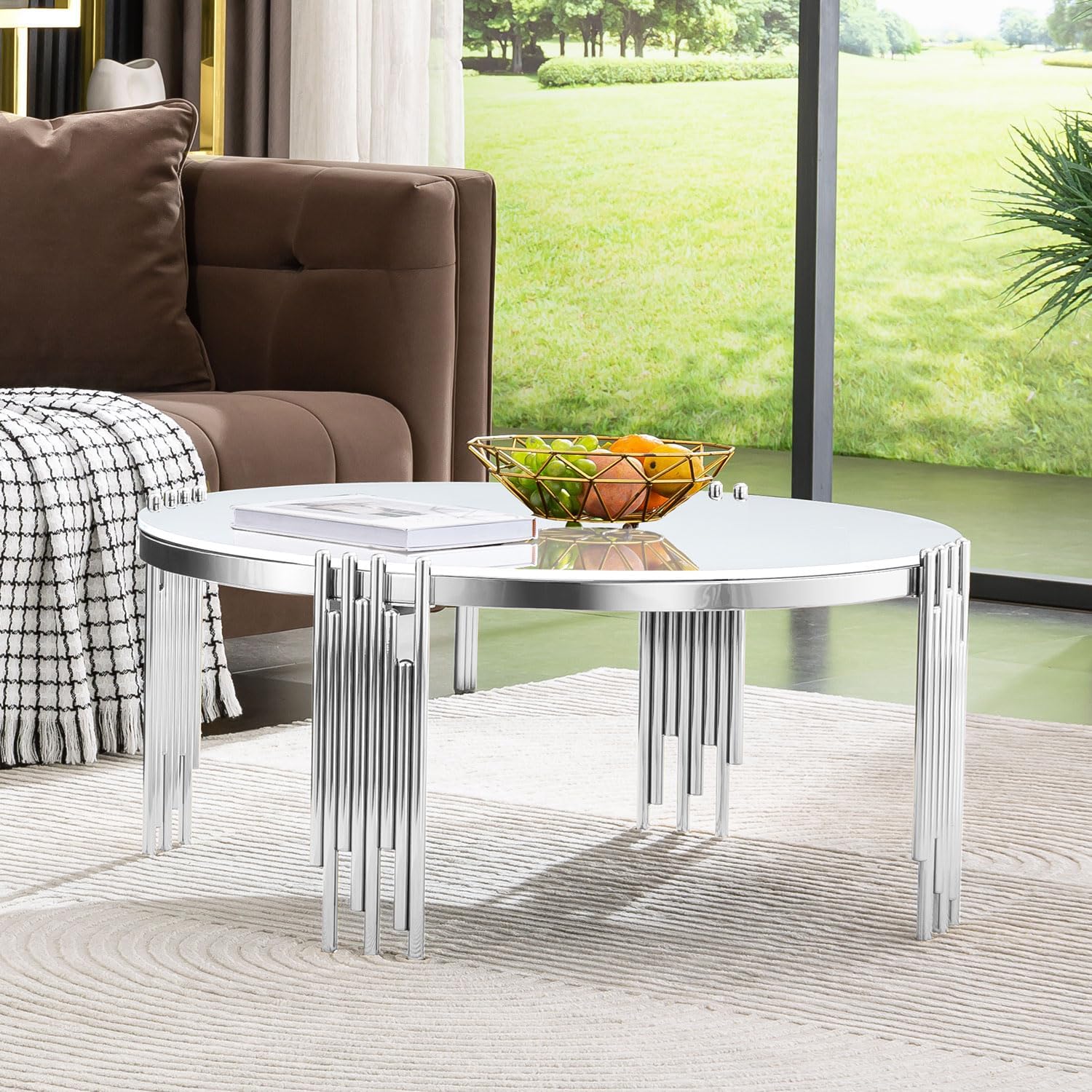 Glass Silver Round Coffee Table with Metal multi-cylindrical legs | F321