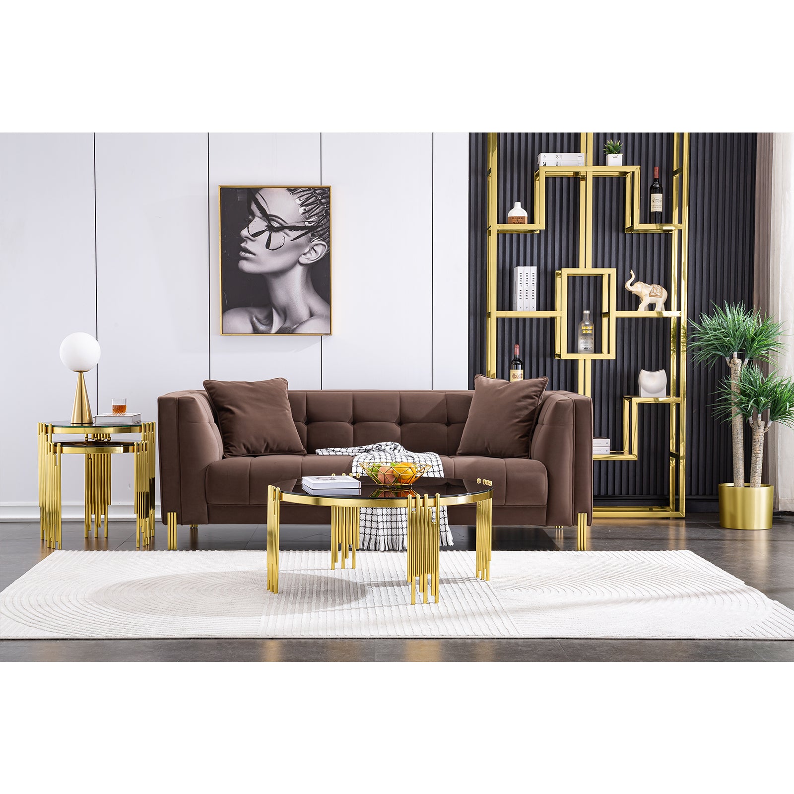 Gold Round coffee table set | Metal multi-cylindrical legs | L222