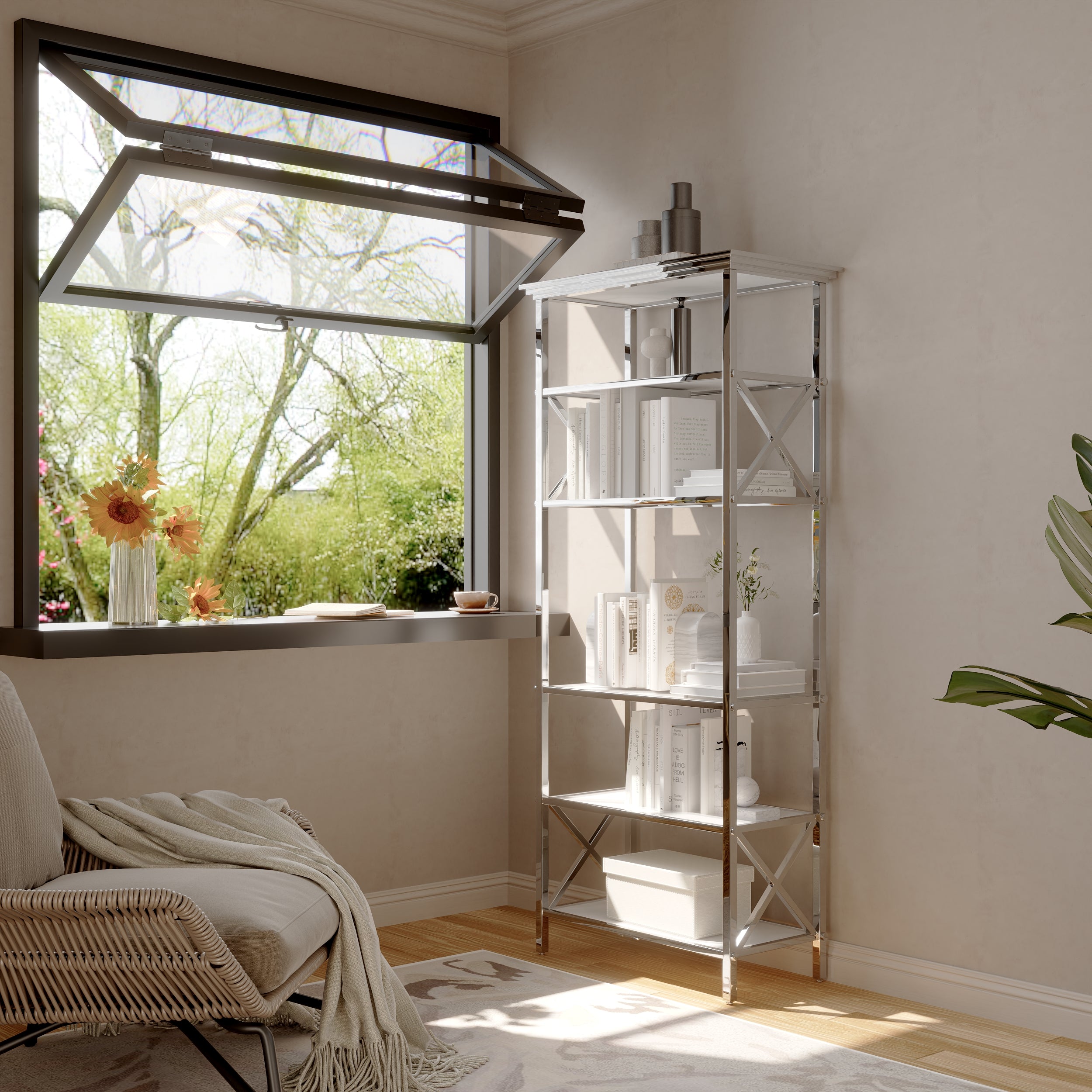 71 ” Silver Bookcase | White Glass Tabletop with Stainless Steel Frame | 1 PCS 6 Tier Bookshelf for Living Room Study Room