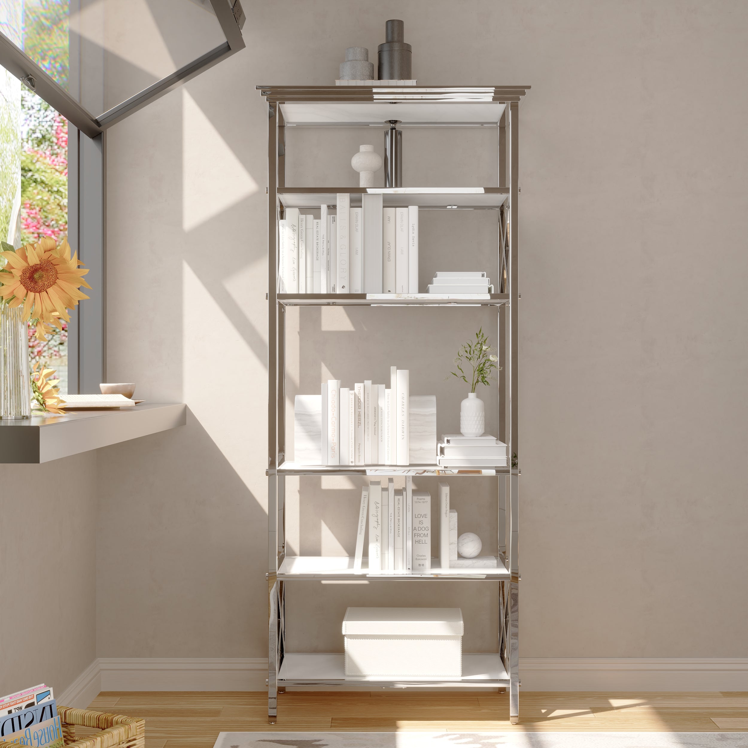 71 ” Silver Bookcase | White Glass Tabletop with Stainless Steel Frame | 1 PCS 6 Tier Bookshelf for Living Room Study Room