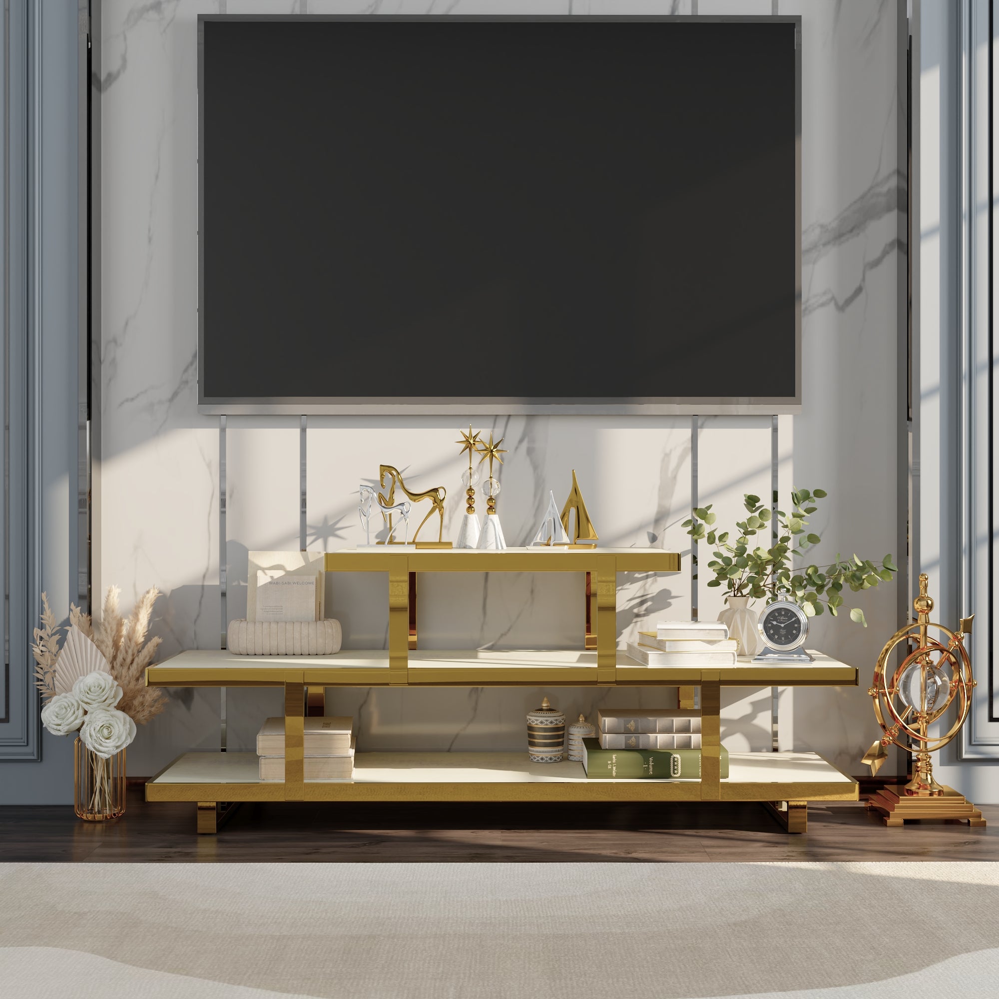 60” Gold TV Stand | 3 Tier Entertainment Center | Stainless Steel TV Consoles for Living Room
