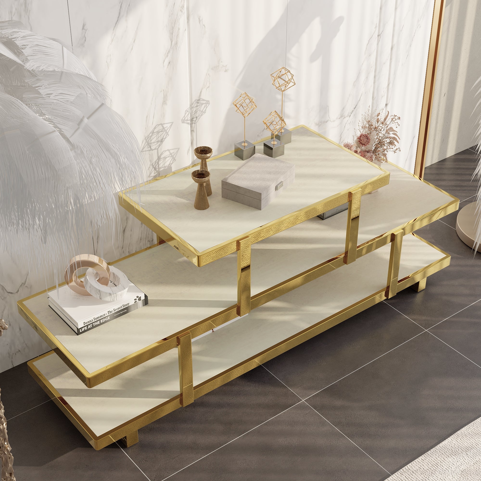 60” Gold TV Stand | 3 Tier Entertainment Center | Stainless Steel TV Consoles for Living Room