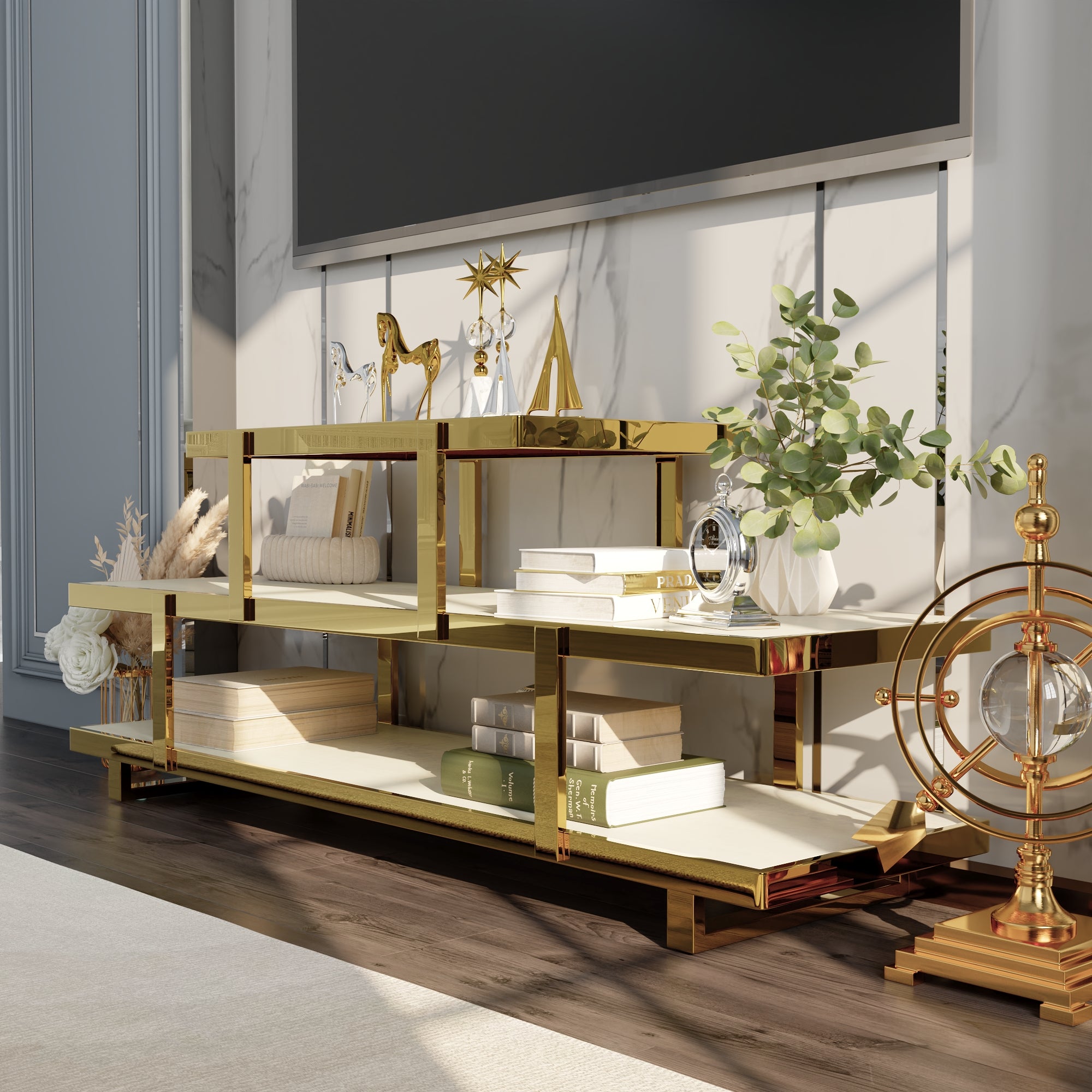 60” Gold TV Stand | 3 Tier Entertainment Center | Stainless Steel TV Consoles for Living Room