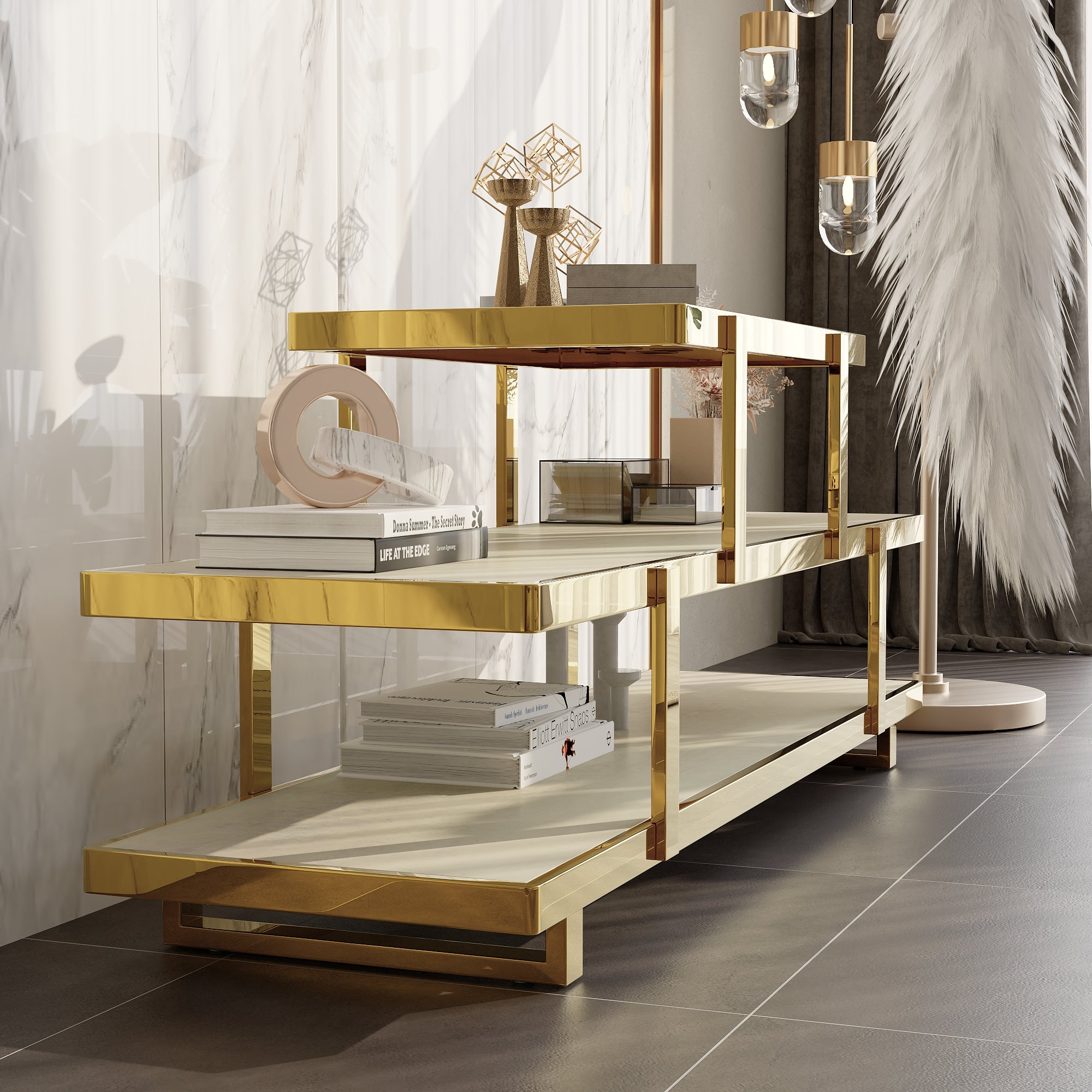 60” Gold TV Stand | 3 Tier Entertainment Center | Stainless Steel TV Consoles for Living Room