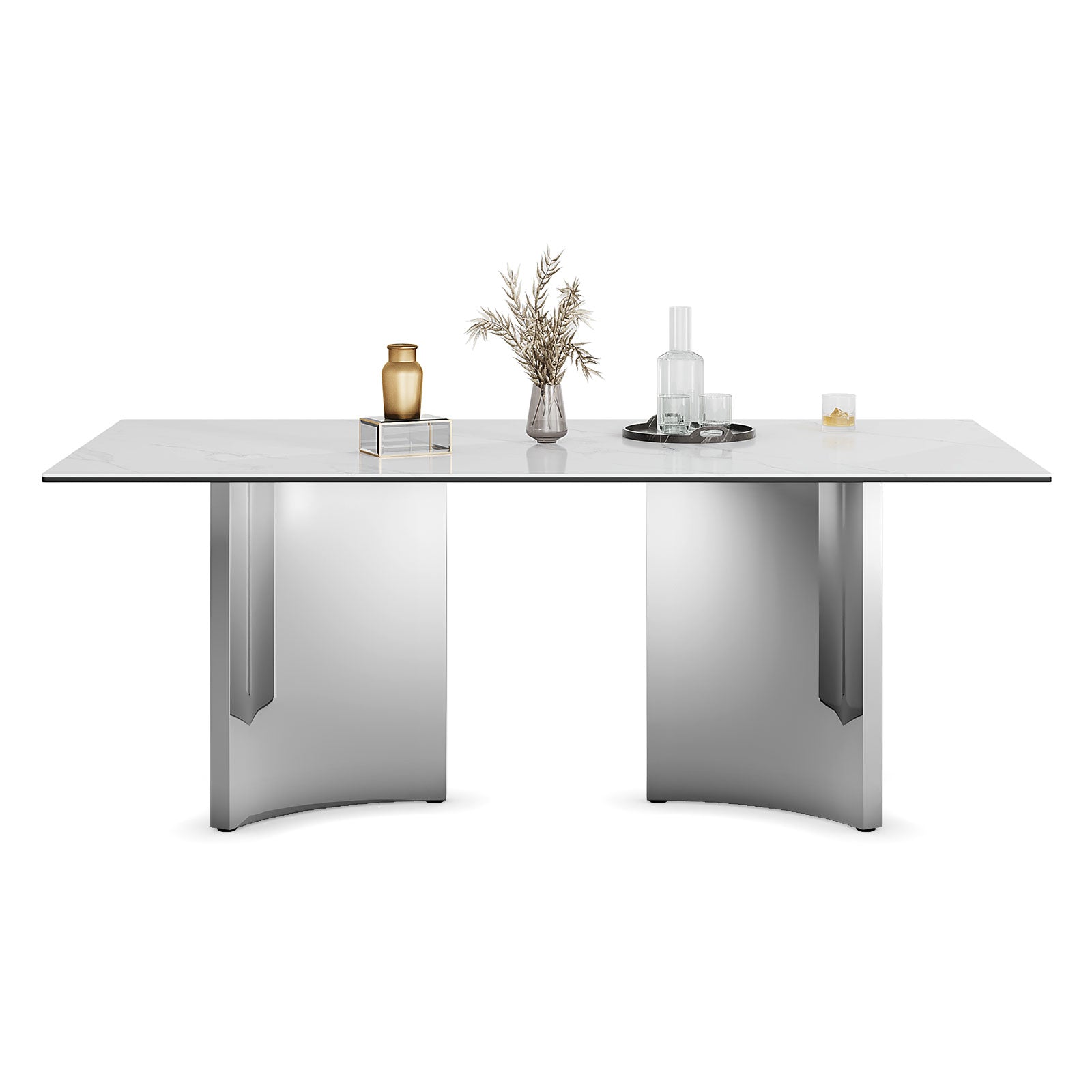 78" Sintered Stone Dining Table | Triangle Base Dining Table Table for 6-8 | Stainless Steel Silver Frame | T248