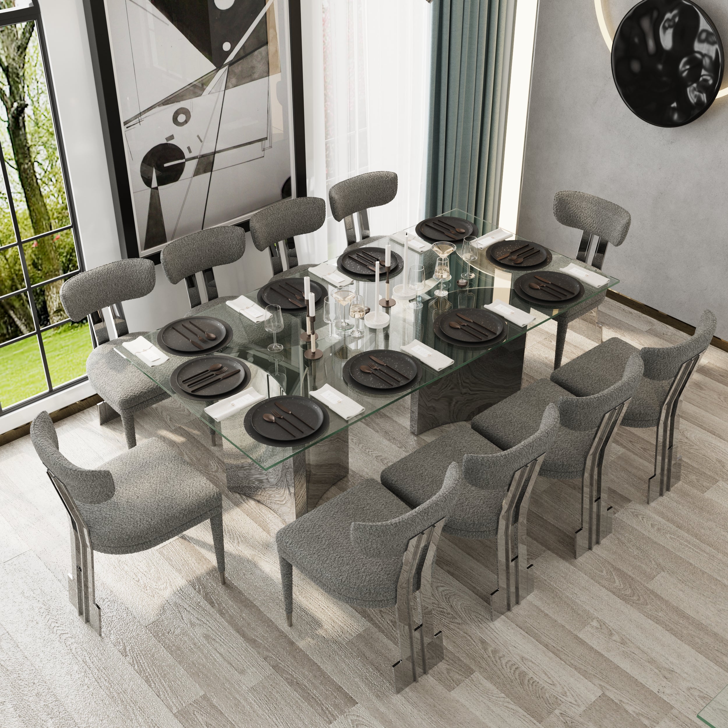78" Glass Dining Table | Triangle Base Dining Table Table for 6-8 | Stainless Steel Frame | T238