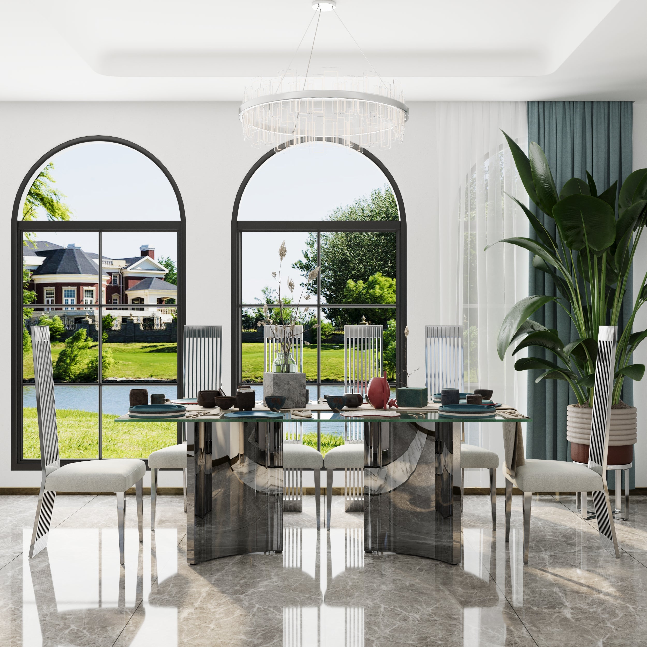 78" Glass Dining Table | Triangle Base Dining Table Table for 6-8 | Stainless Steel Frame | T238
