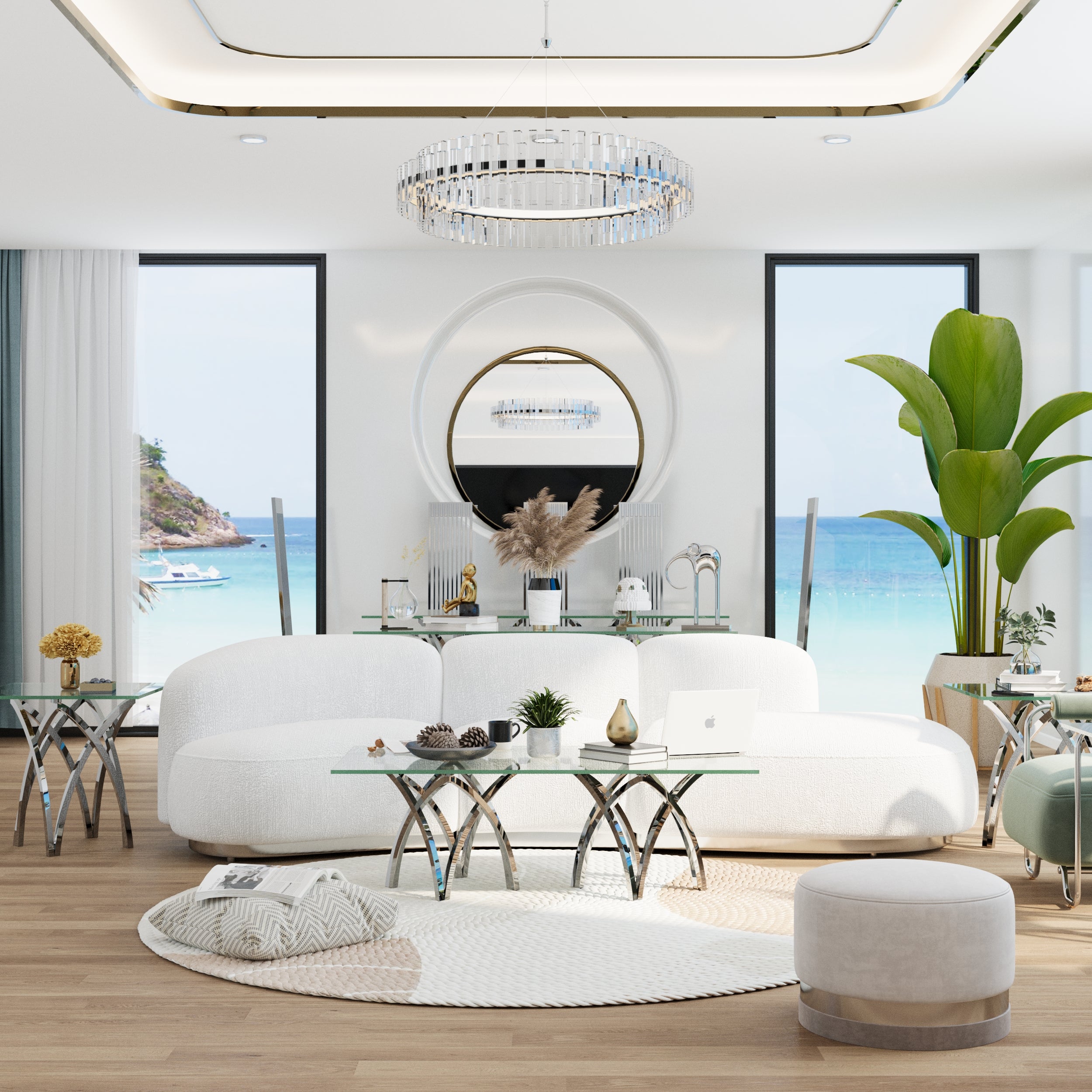 50 Inch Silver and Glass Coffee Table | Glass Center Table | Crown Shape Stainless Steel Silver Frame | F324