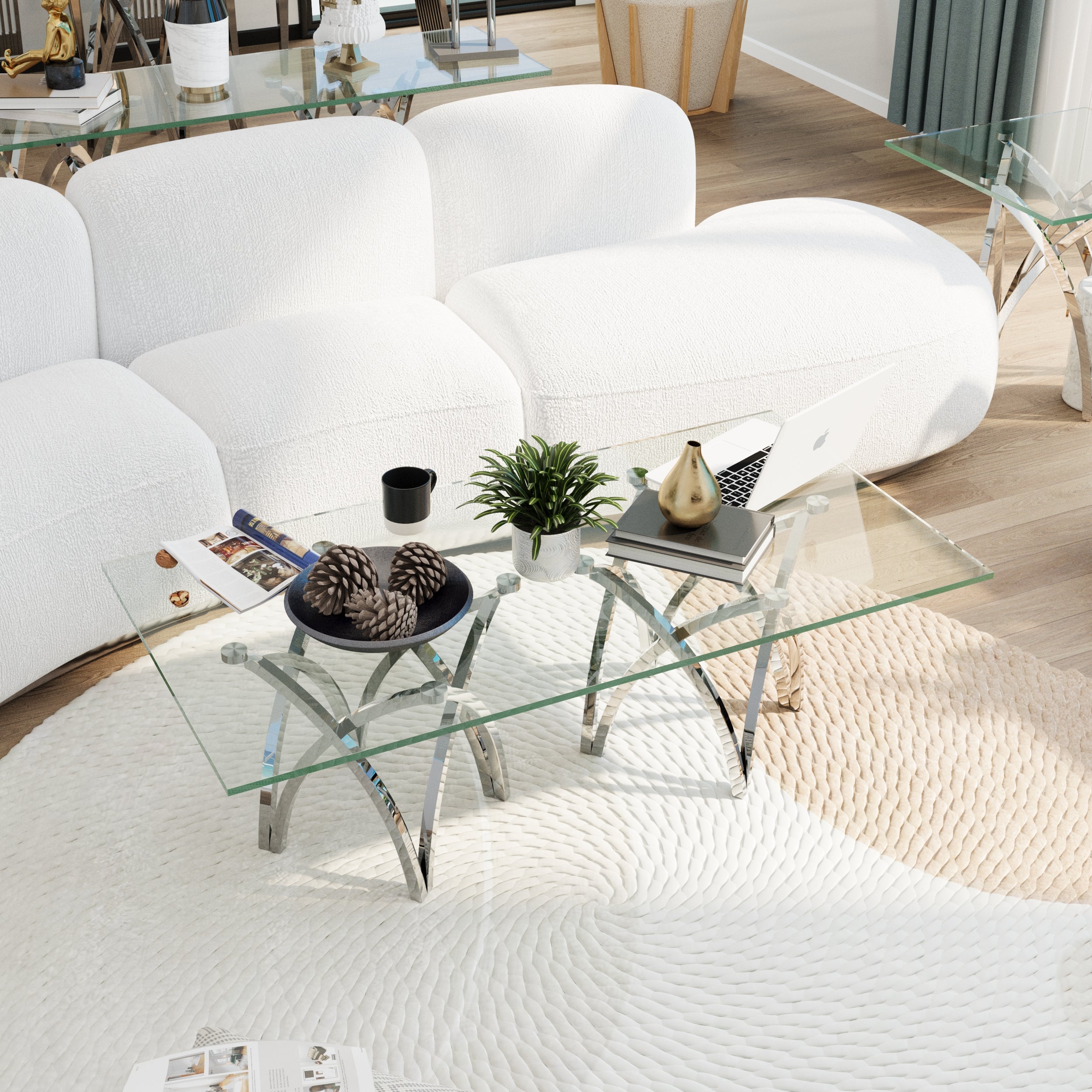 50 Inch Silver and Glass Coffee Table | Glass Center Table | Crown Shape Stainless Steel Silver Frame | F324