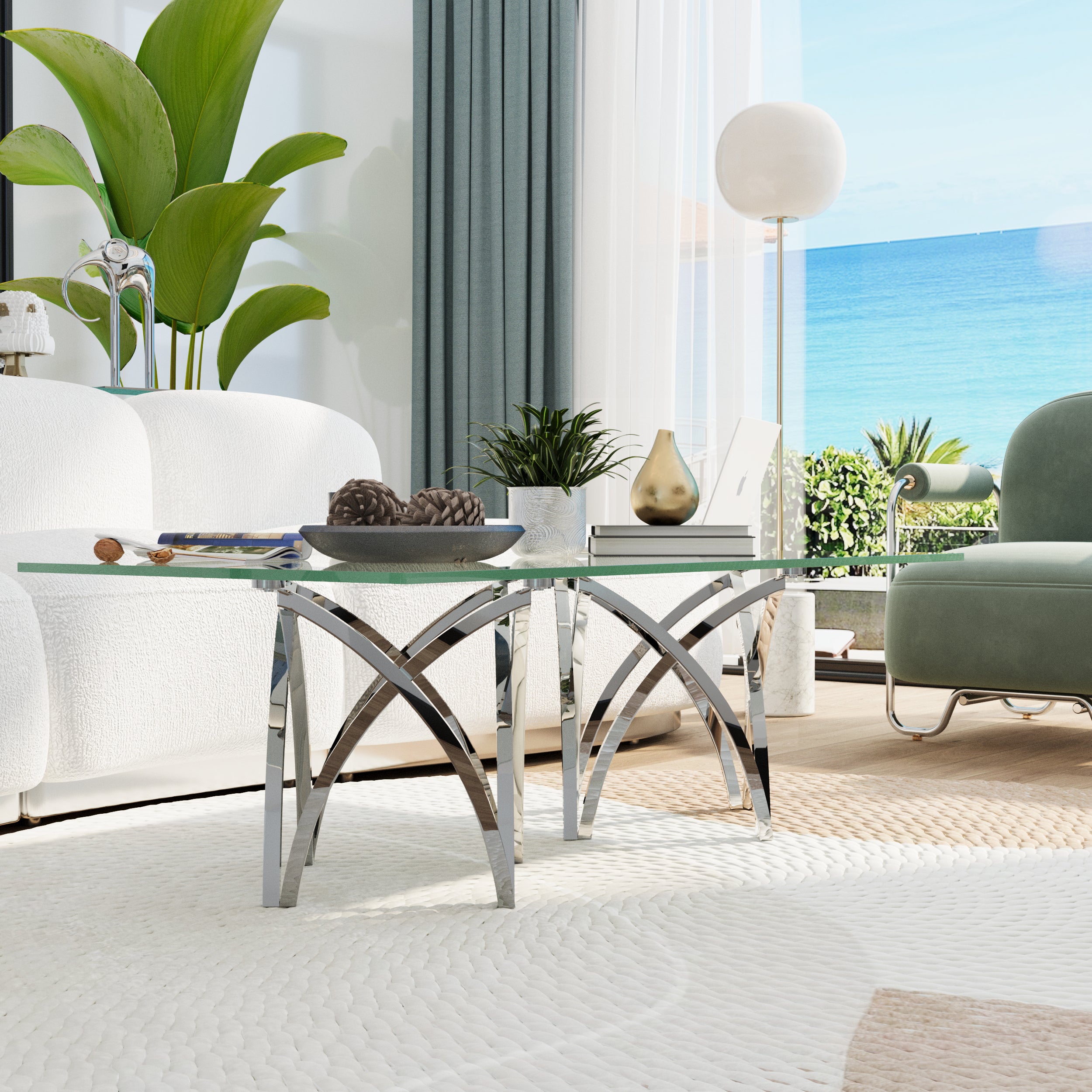 50 Inch Silver and Glass Coffee Table | Glass Center Table | Crown Shape Stainless Steel Silver Frame | F324