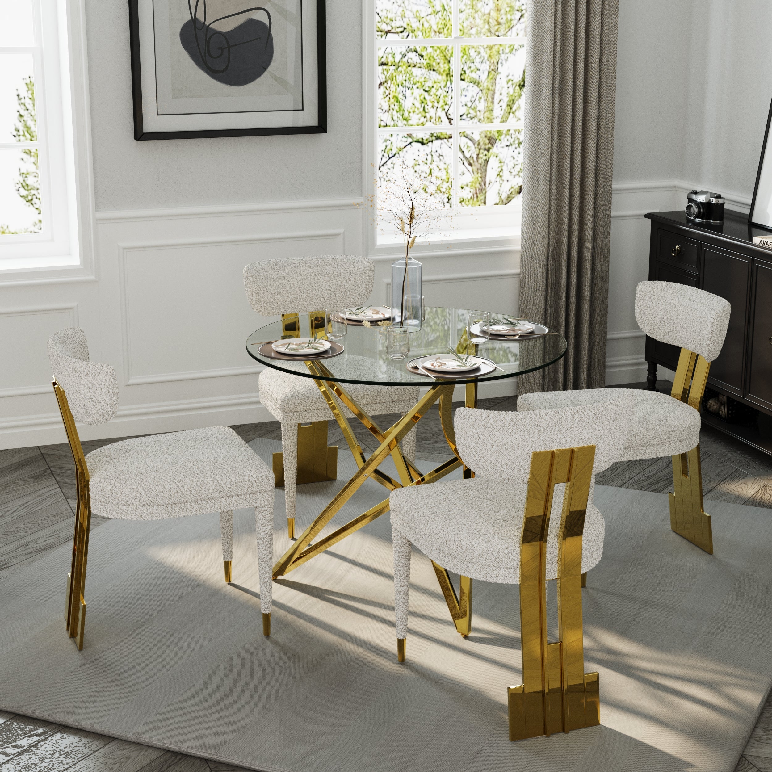 Round Dining Table | 36" Gold Glass Dining Table | Stable triangle structure | T232