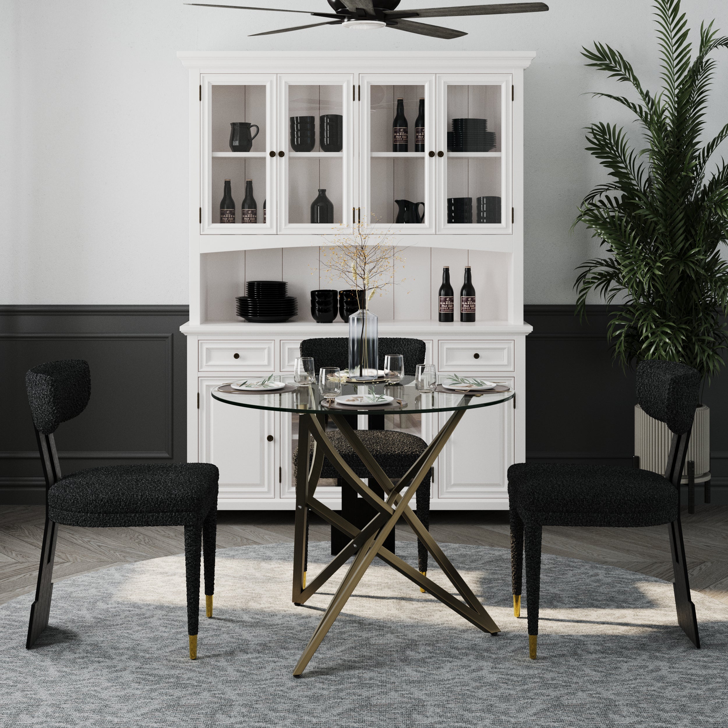 Round Dining Table | 36" Brushed Gold Glass Dining Table | Stable triangle structure | T234