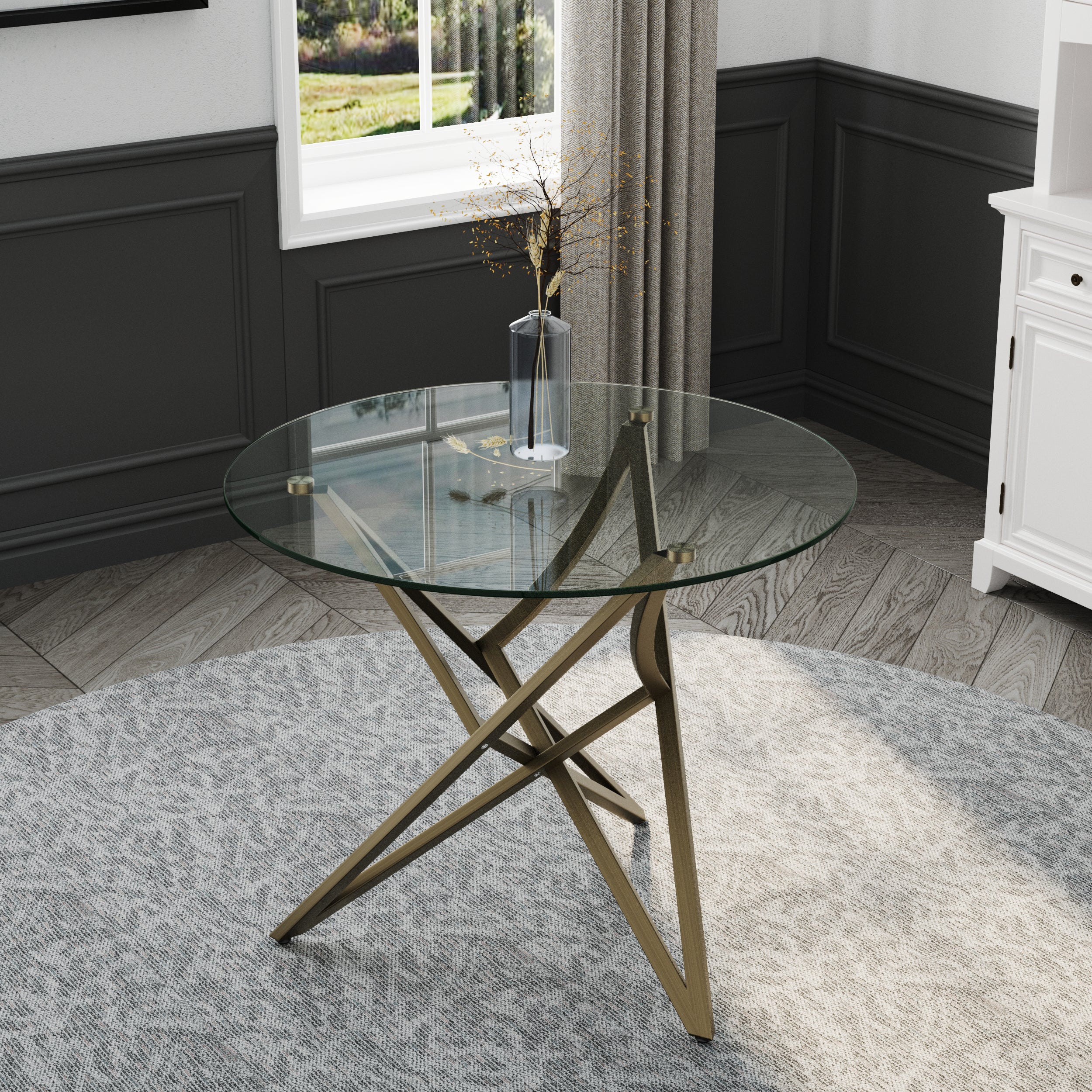 Round Dining Table | 36" Brushed Gold Glass Dining Table | Stable triangle structure | T234