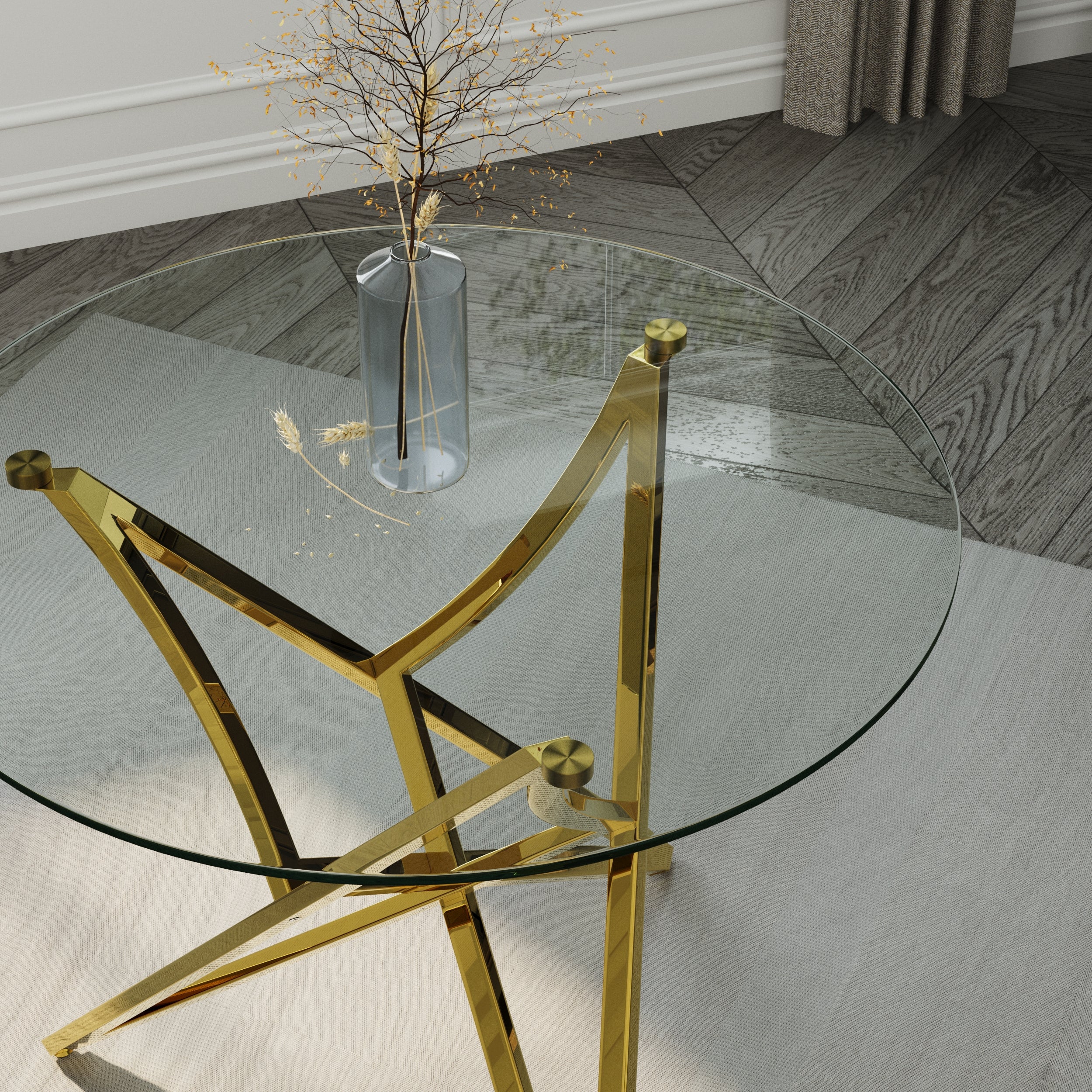 Round Dining Table | 36" Gold Glass Dining Table | Stable triangle structure | T232
