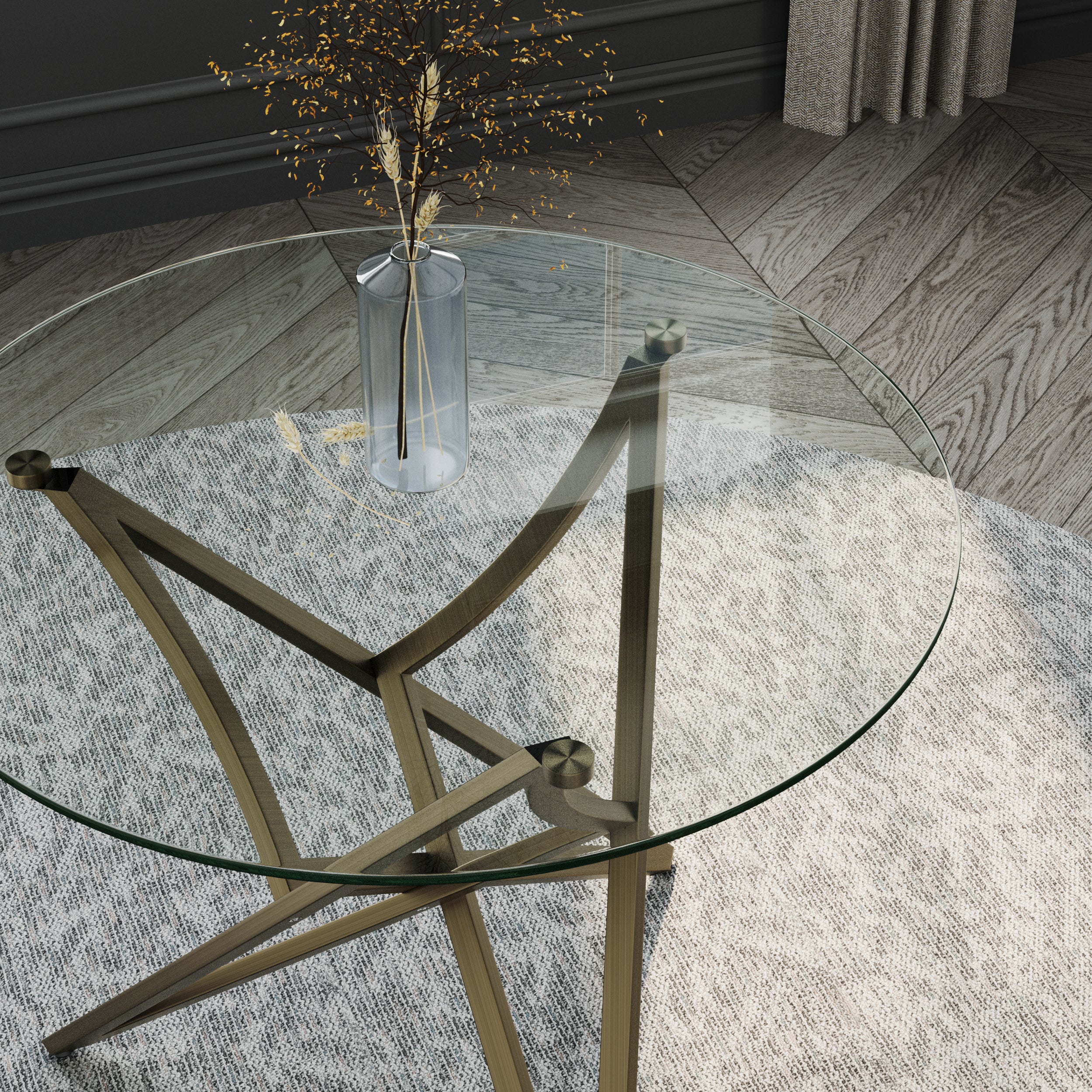 Round Dining Table | 36" Brushed Gold Glass Dining Table | Stable triangle structure | T234