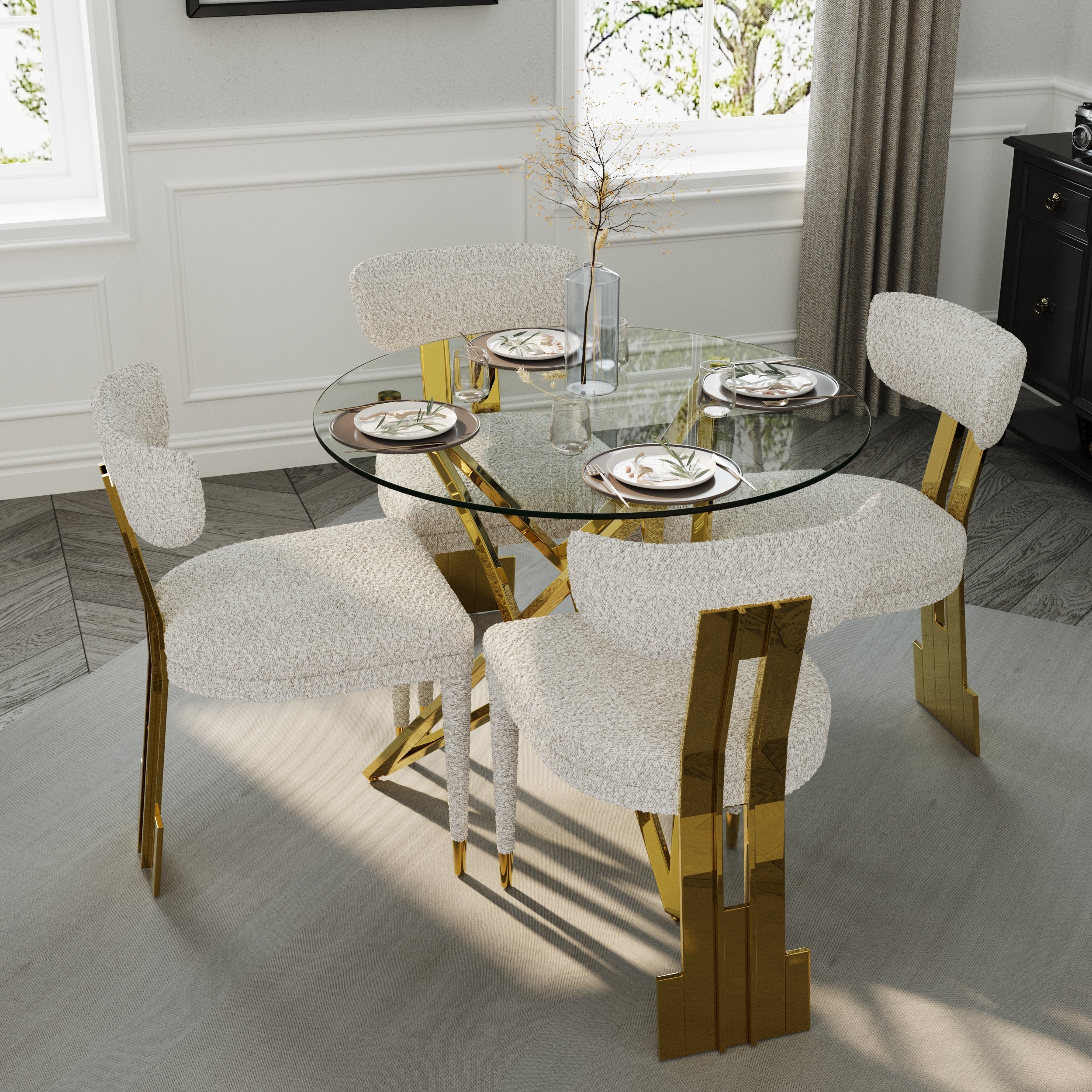 Round Dining Table | 36" Gold Glass Dining Table | Stable triangle structure | T232