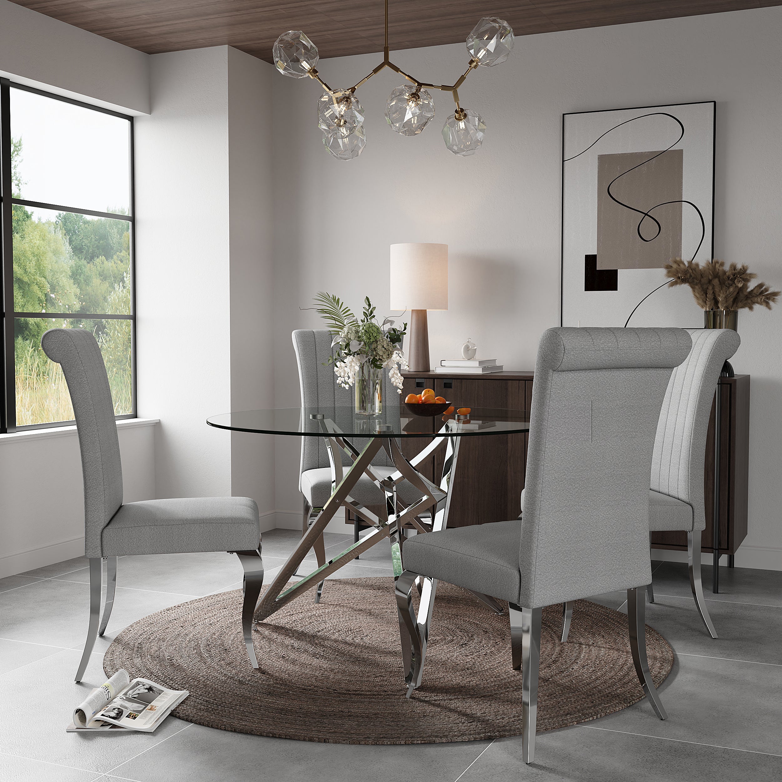 Round Dining Table | 47" Silver Glass Dining Table | Stable triangle structure | T230
