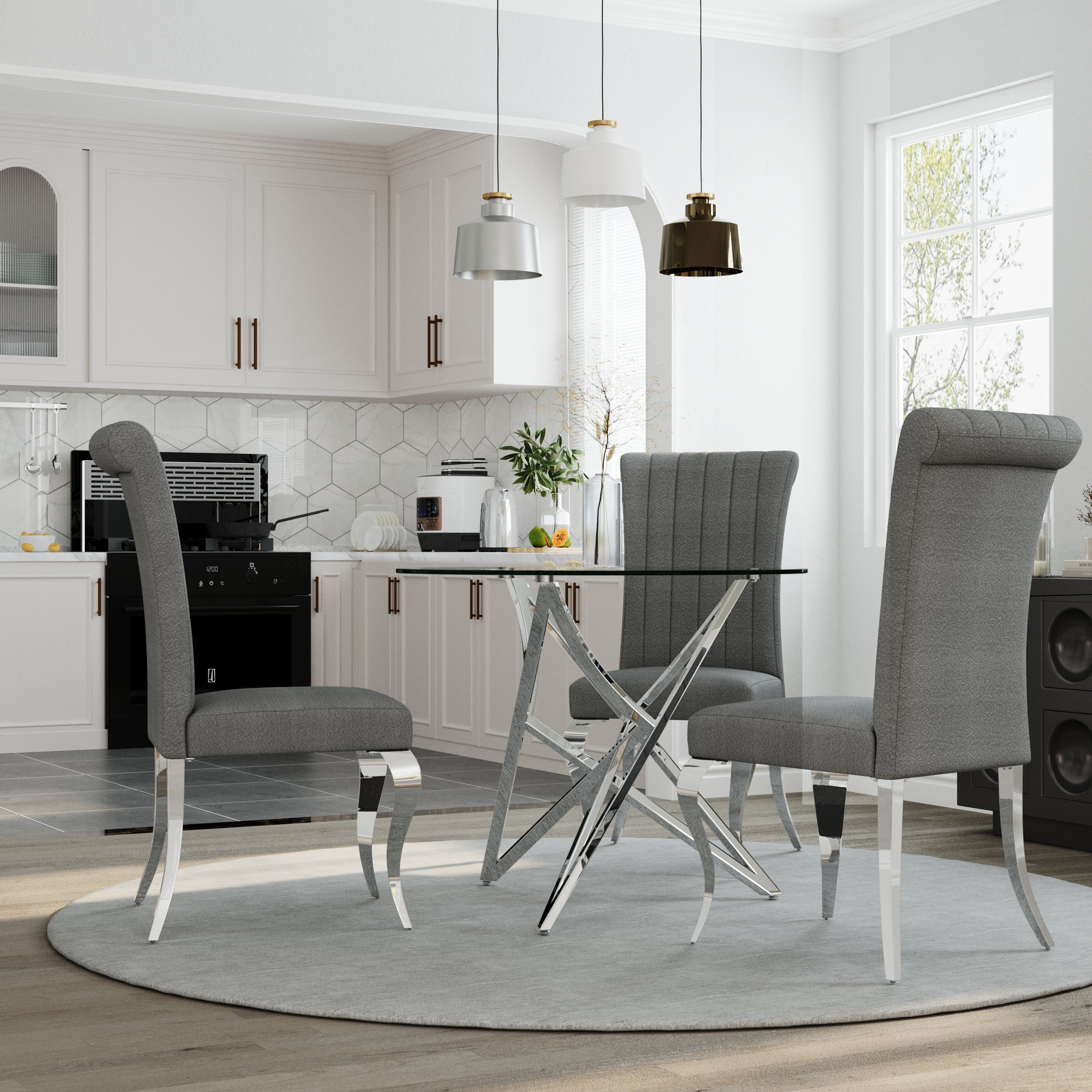 Round Dining Table | 36" Silver Glass Dining Table | Stable triangle structure | T233