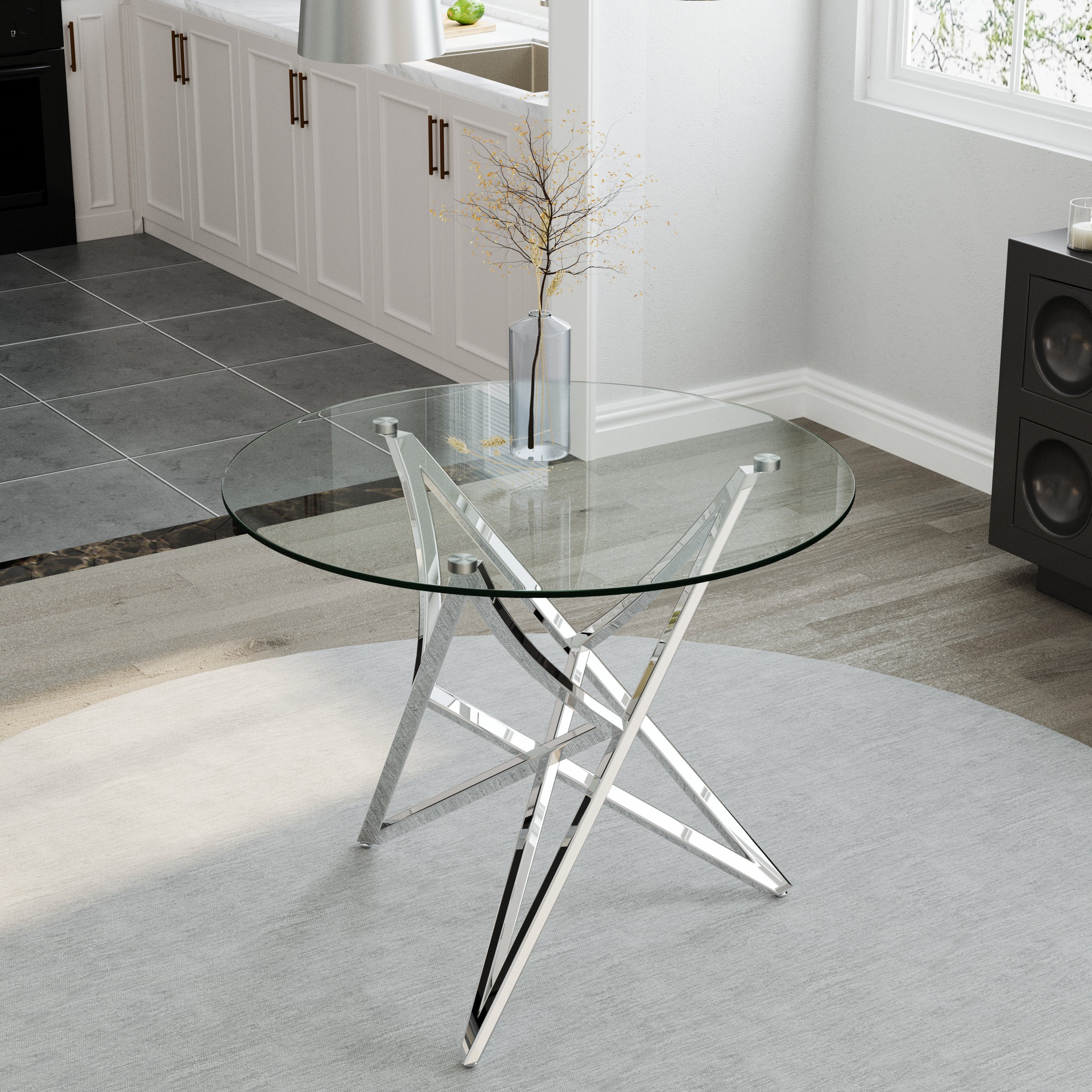 Round Dining Table | 36" Silver Glass Dining Table | Stable triangle structure | T233
