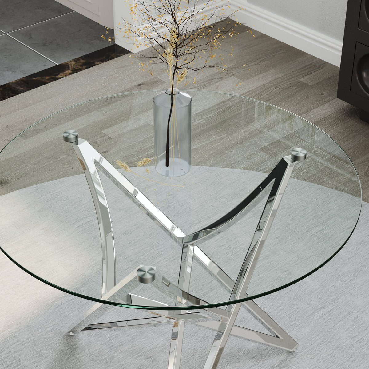 Round Dining Table | 36" Silver Glass Dining Table | Stable triangle structure | T233