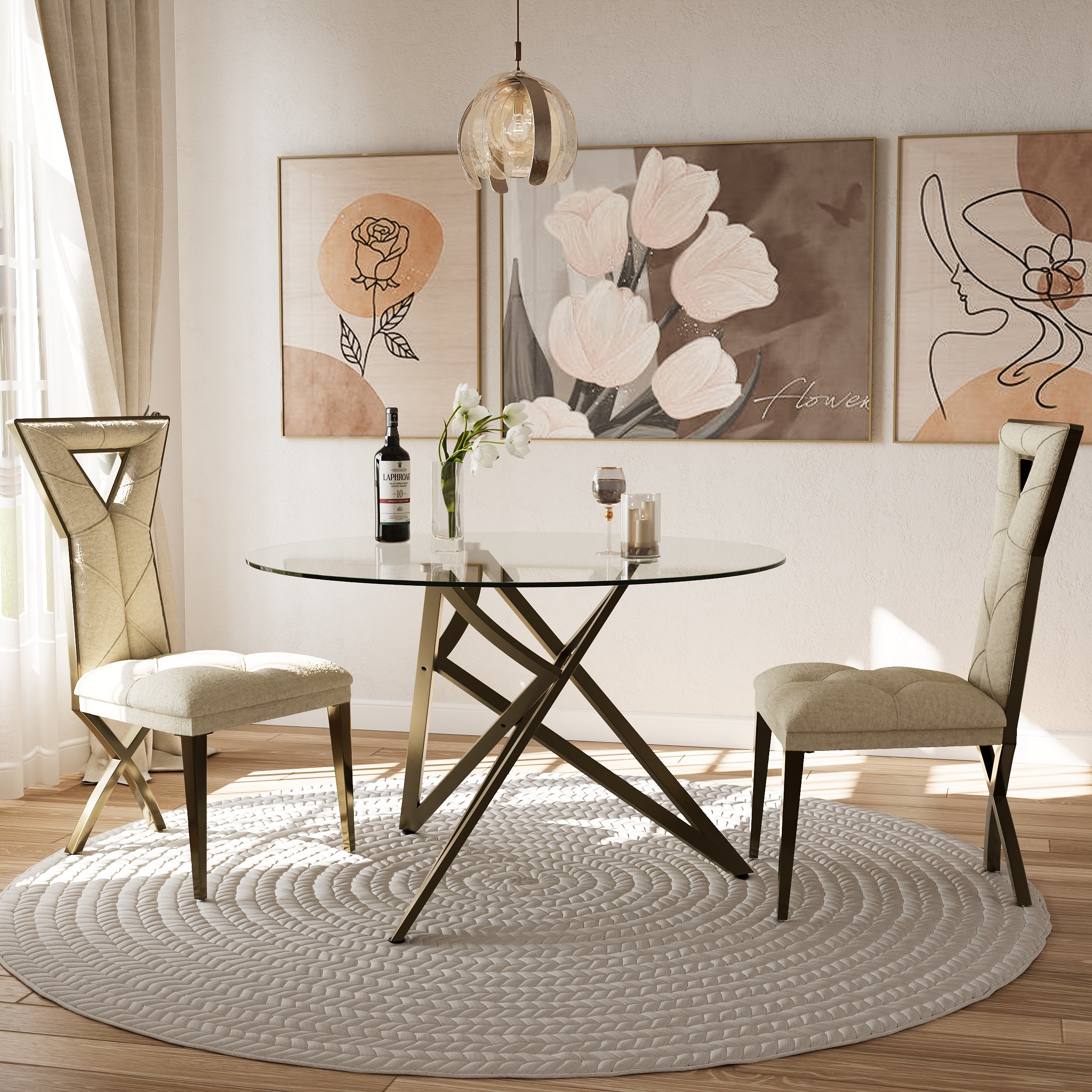 Off White and Brushed Gold Dining Chairs | Chenille Dining Chairs | X-shaped Polished Leg | C184