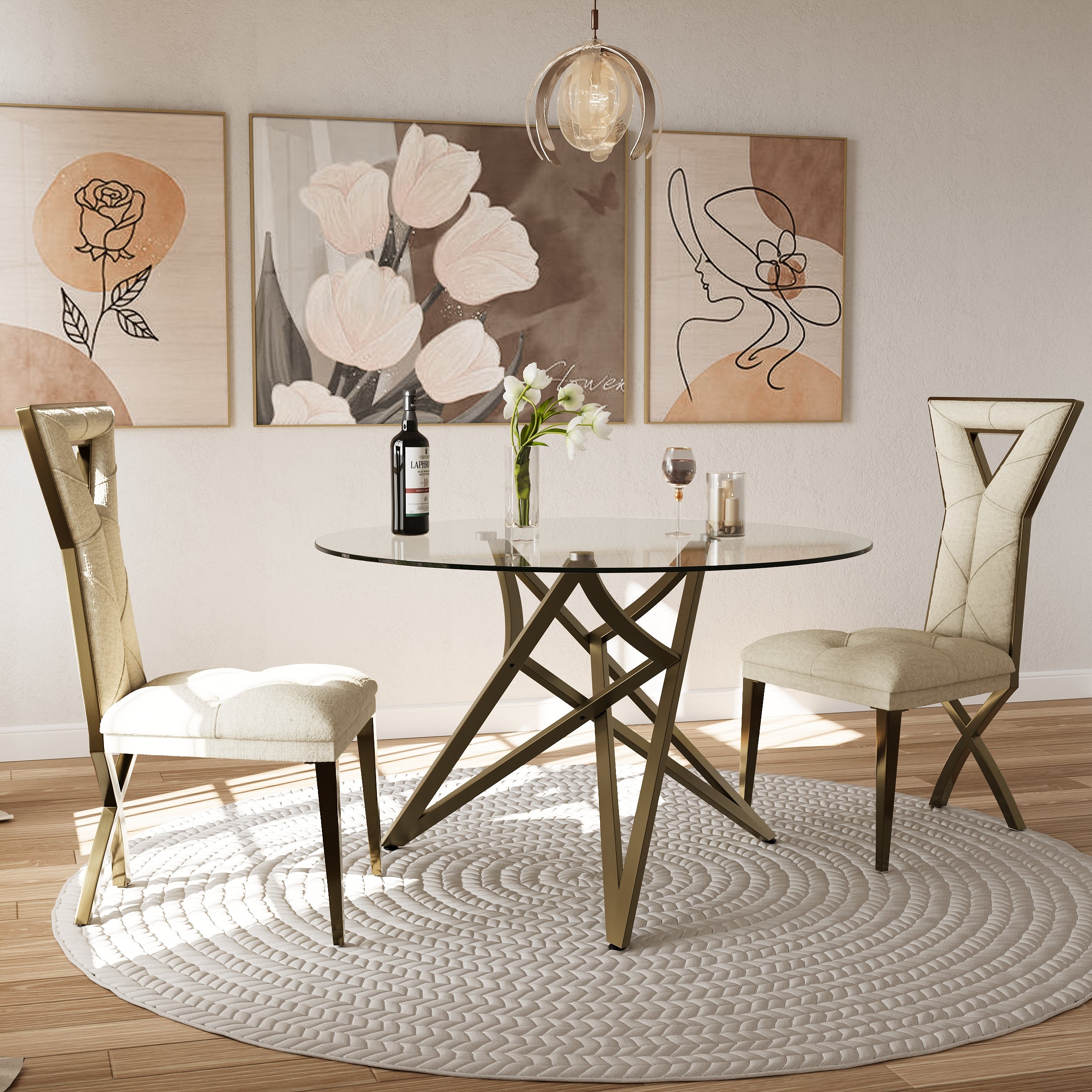 Round Dining Table | 47" Brushed Gold Glass Dining Table | Stable triangle structure | T231
