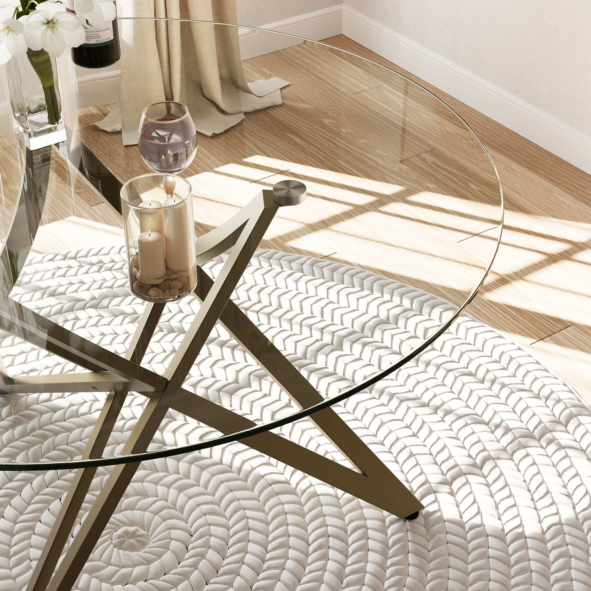 Round Dining Table | 47" Brushed Gold Glass Dining Table | Stable triangle structure | T231