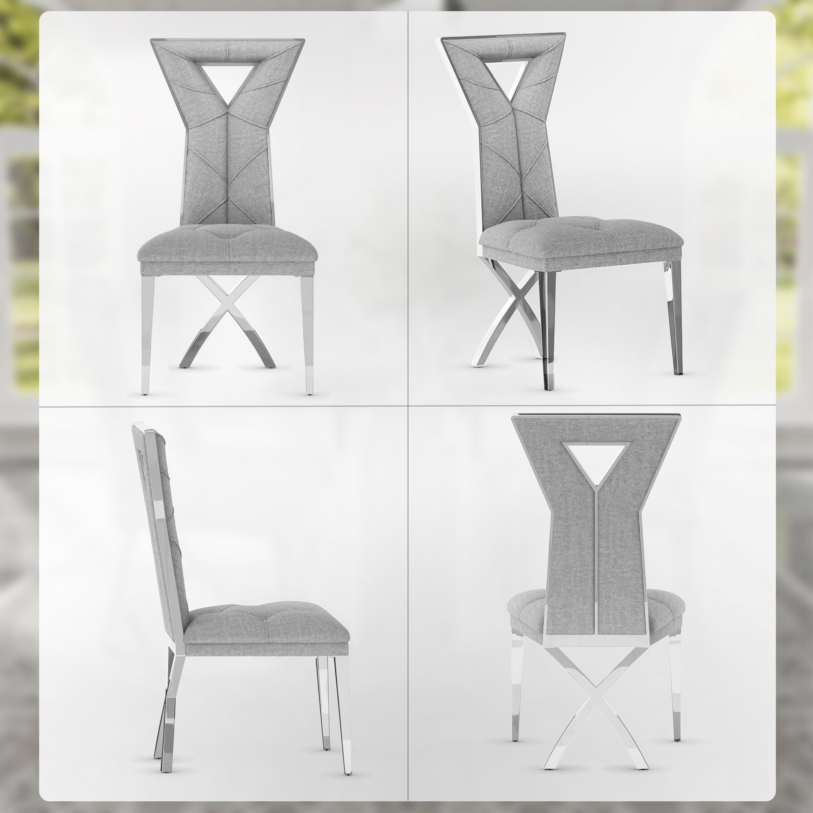 Gray and Silver Dining Chairs | Chenille Dining Chairs | X-shaped Polished Leg | C183