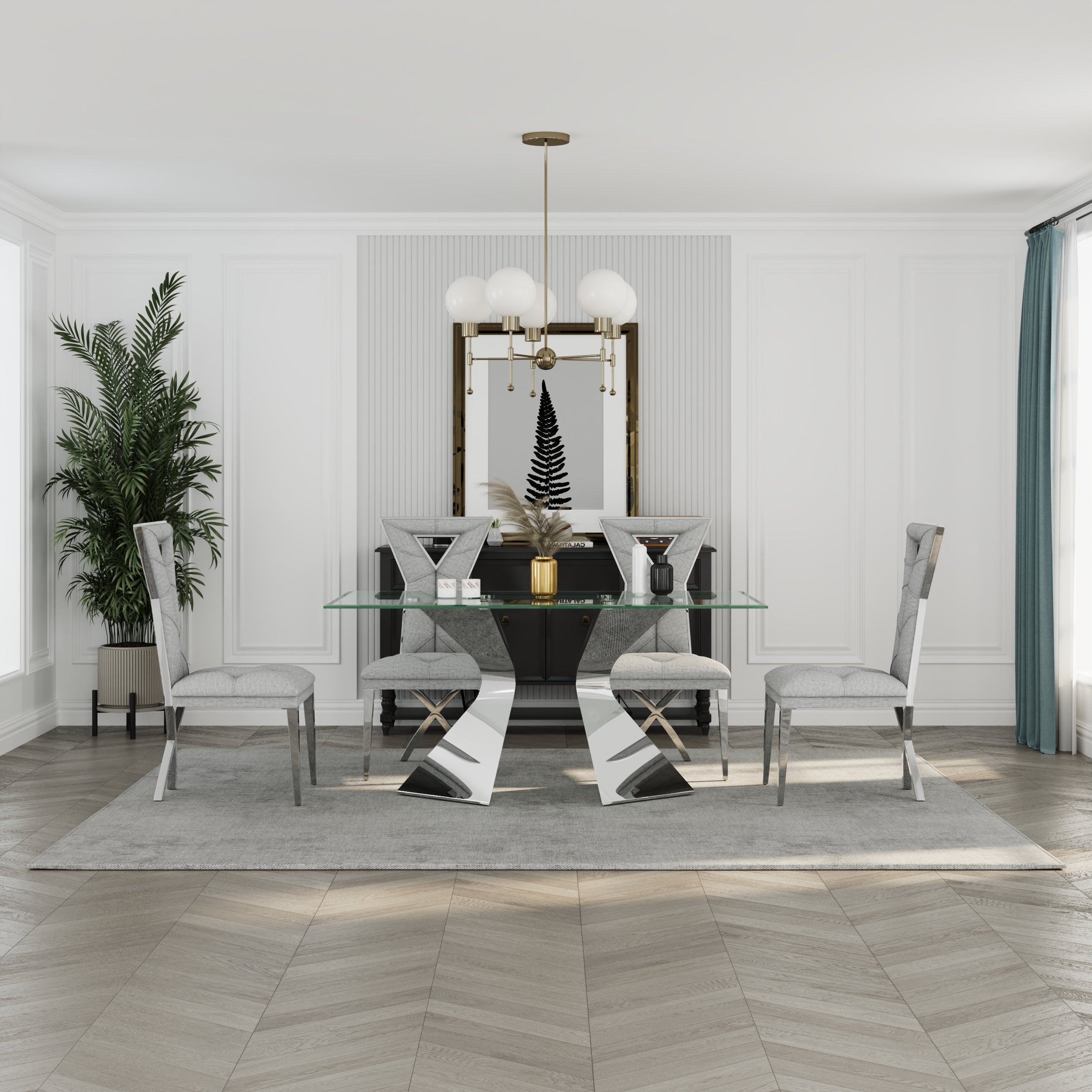 Gray and Silver Dining Chairs | Chenille Dining Chairs | X-shaped Polished Leg | C183