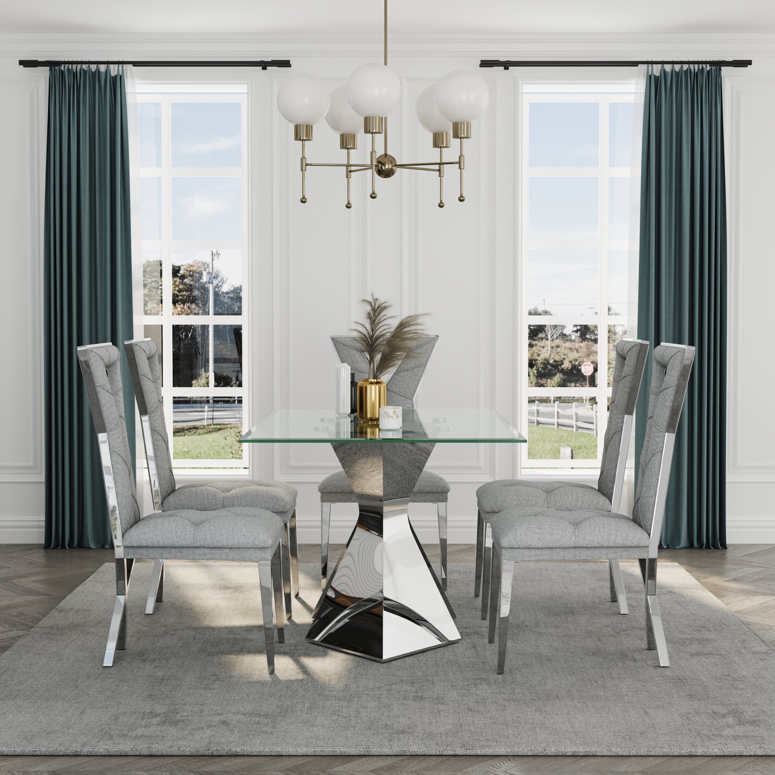 Gray and Silver Dining Chairs | Chenille Dining Chairs | X-shaped Polished Leg | C183