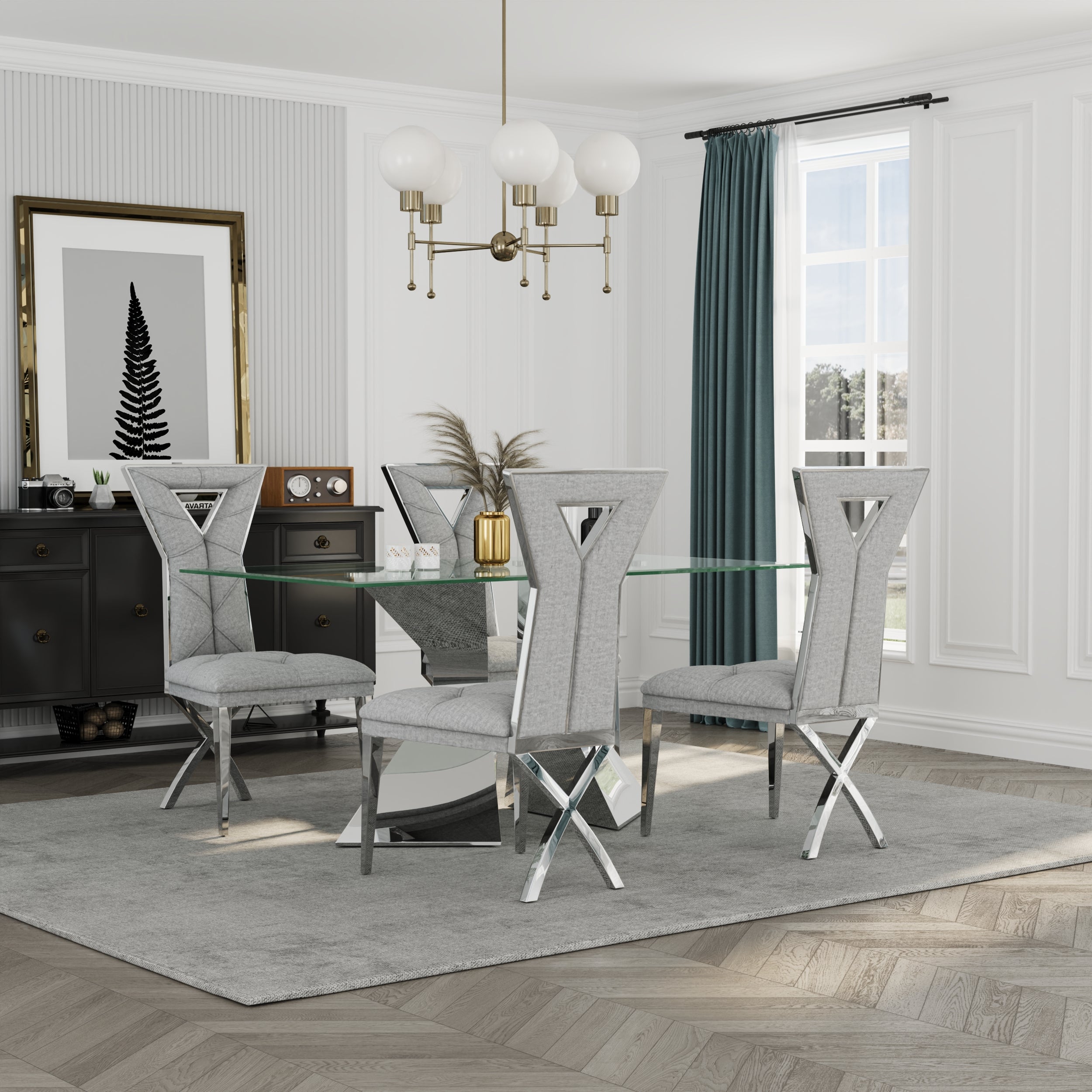 Gray and Silver Dining Chairs | Chenille Dining Chairs | X-shaped Polished Leg | C183