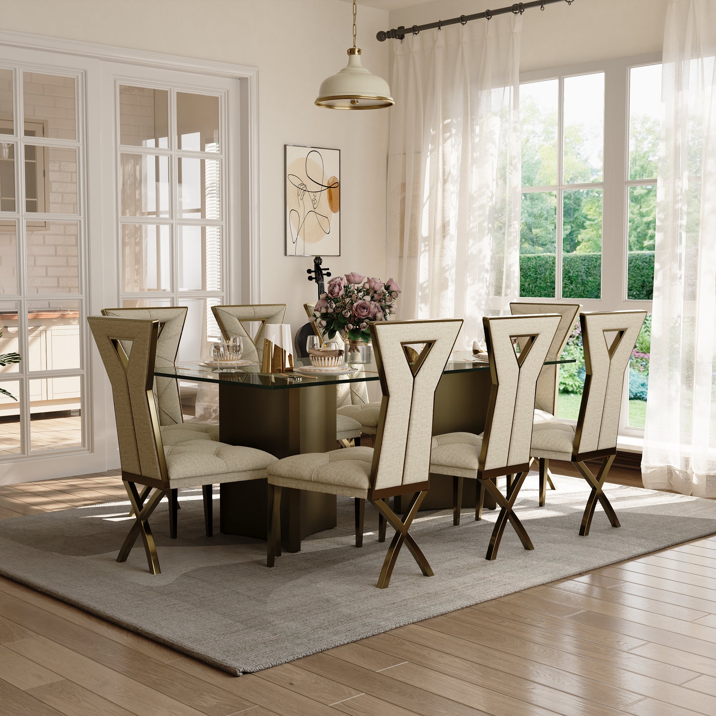 Off White and Brushed Gold Dining Chairs | Chenille Dining Chairs | X-shaped Polished Leg | C184