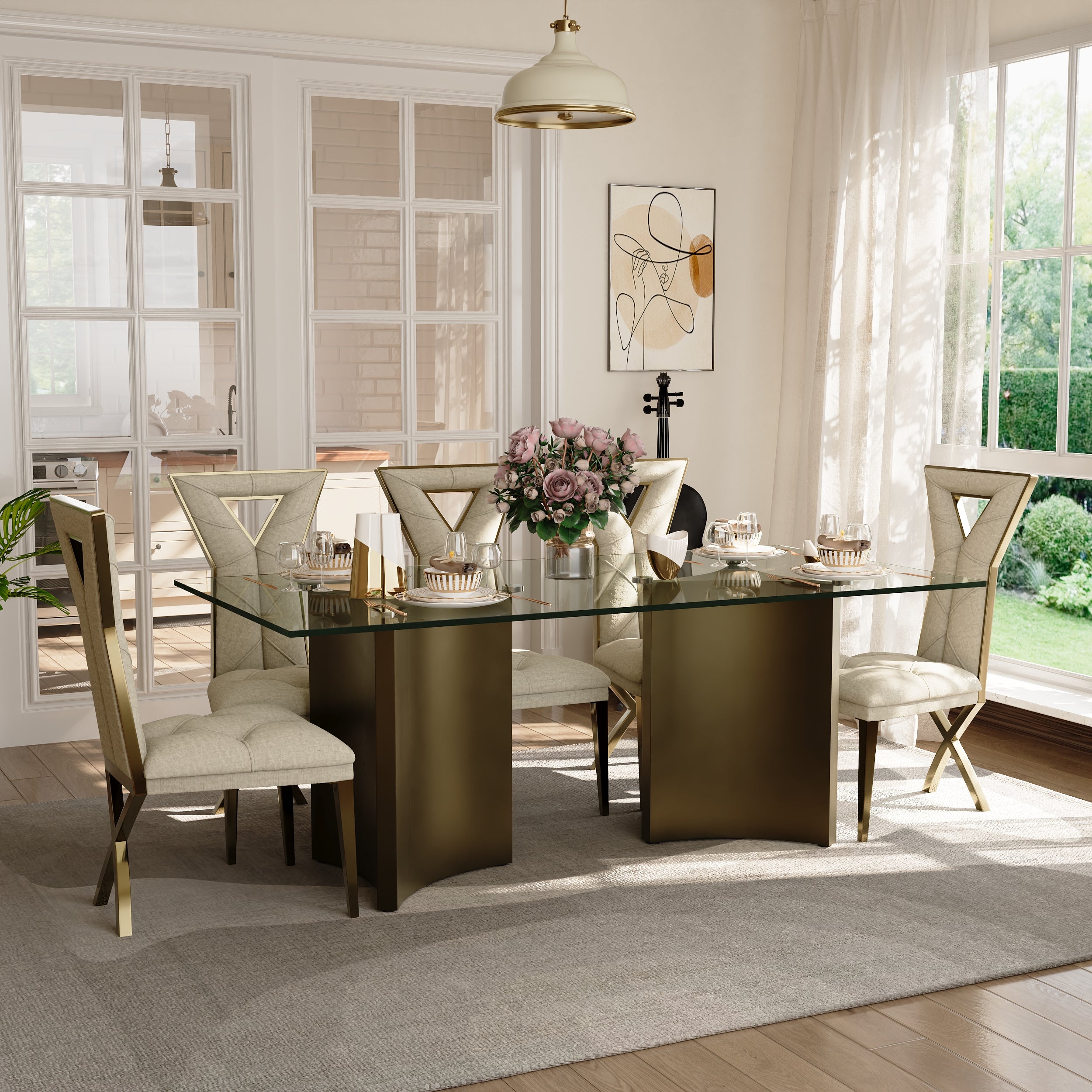 Off White and Brushed Gold Dining Chairs | Chenille Dining Chairs | X-shaped Polished Leg | C184