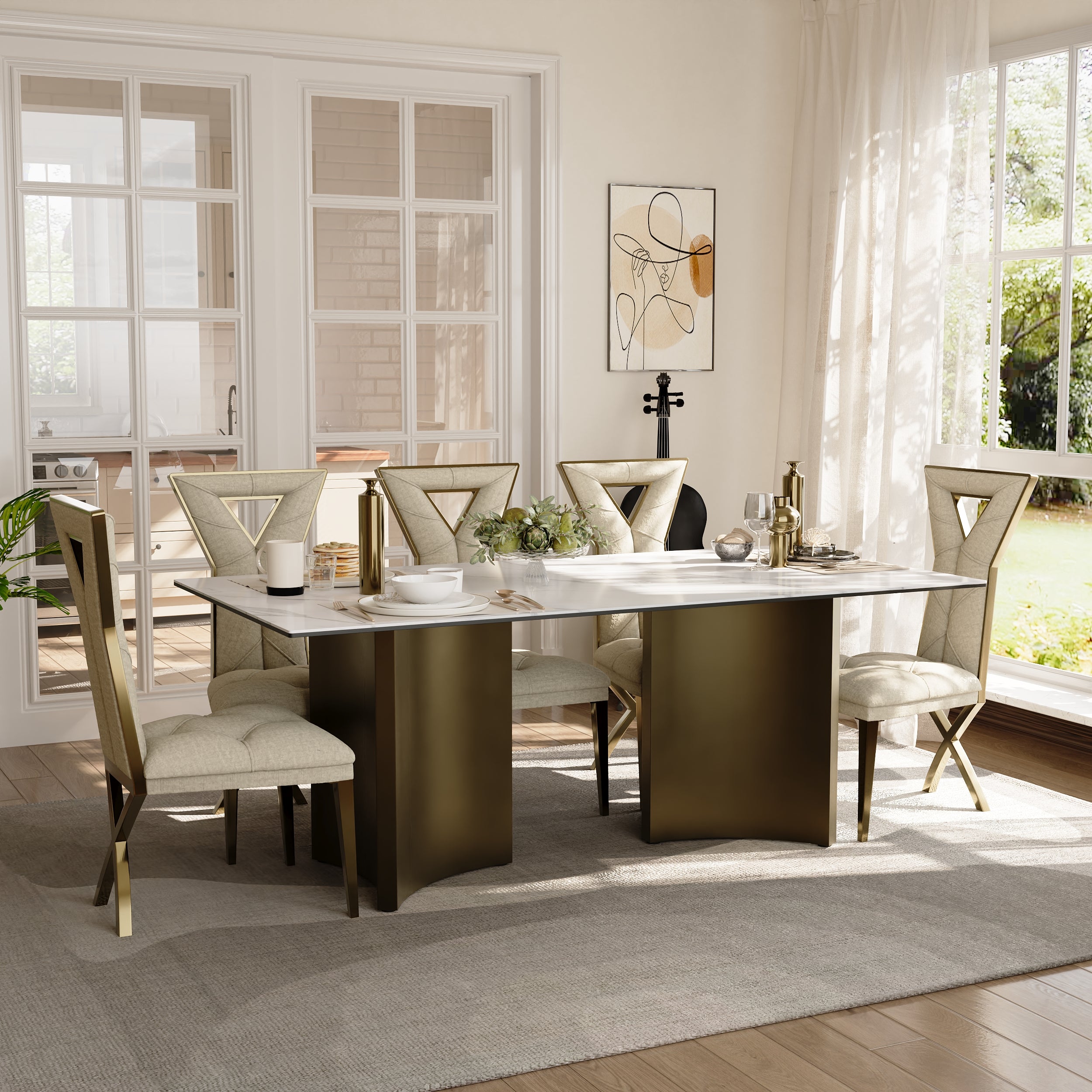 78" Sintered Stone Dining Table | Triangle Base Dining Table Table for 6-8 | Stainless Steel Brushed Gold Frame | T242