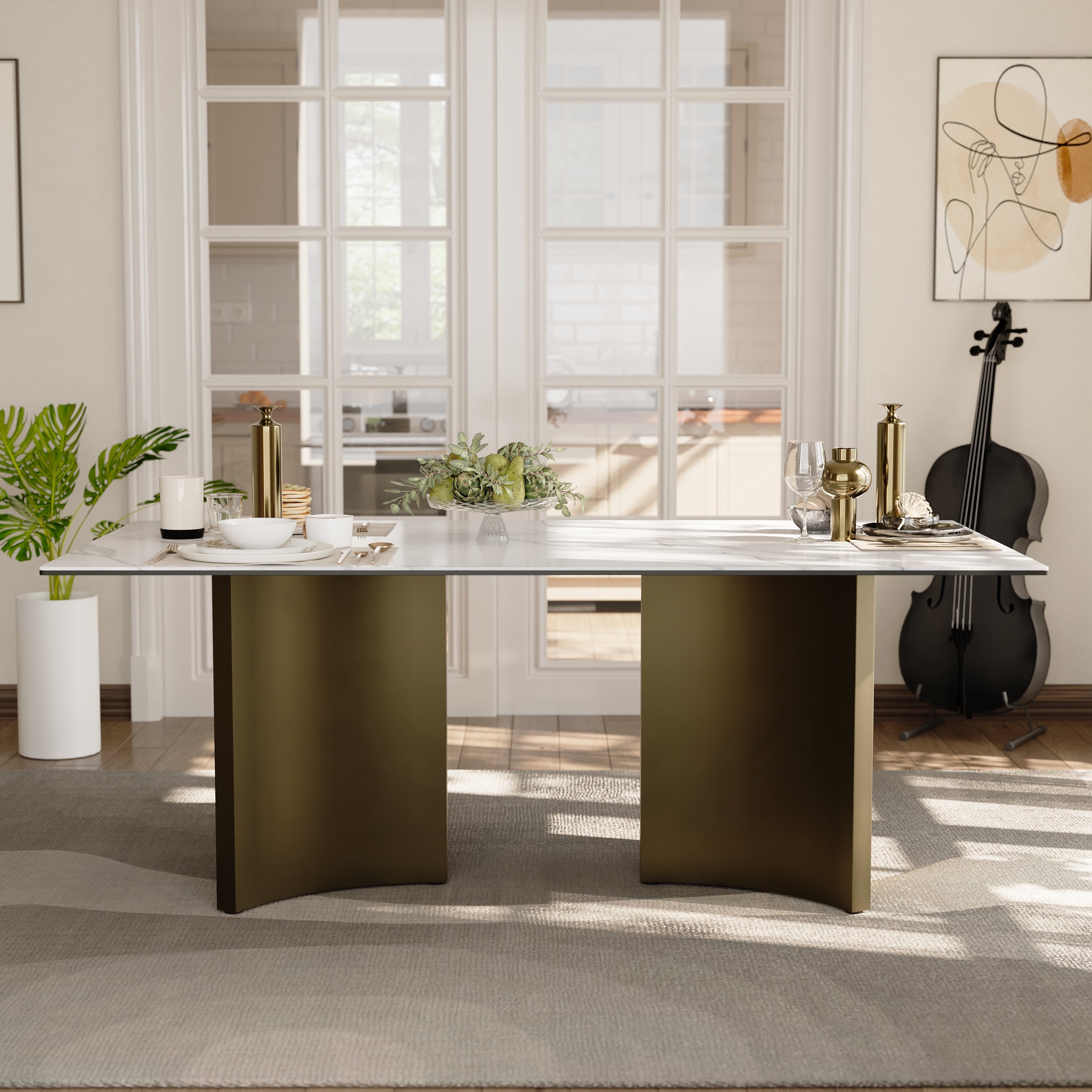 78" Sintered Stone Dining Table | Triangle Base Dining Table Table for 6-8 | Stainless Steel Brushed Gold Frame | T242