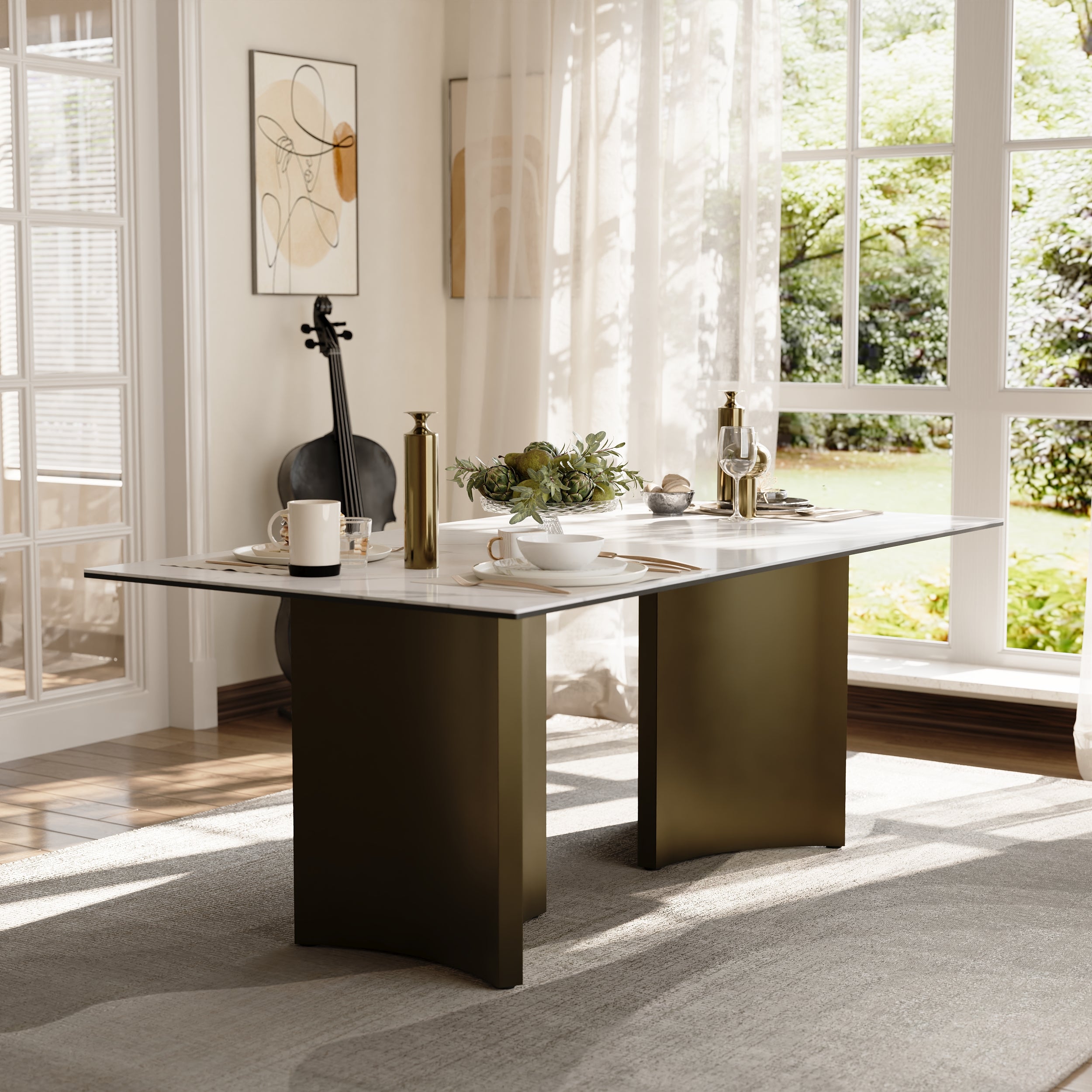 78" Sintered Stone Dining Table | Triangle Base Dining Table Table for 6-8 | Stainless Steel Brushed Gold Frame | T242