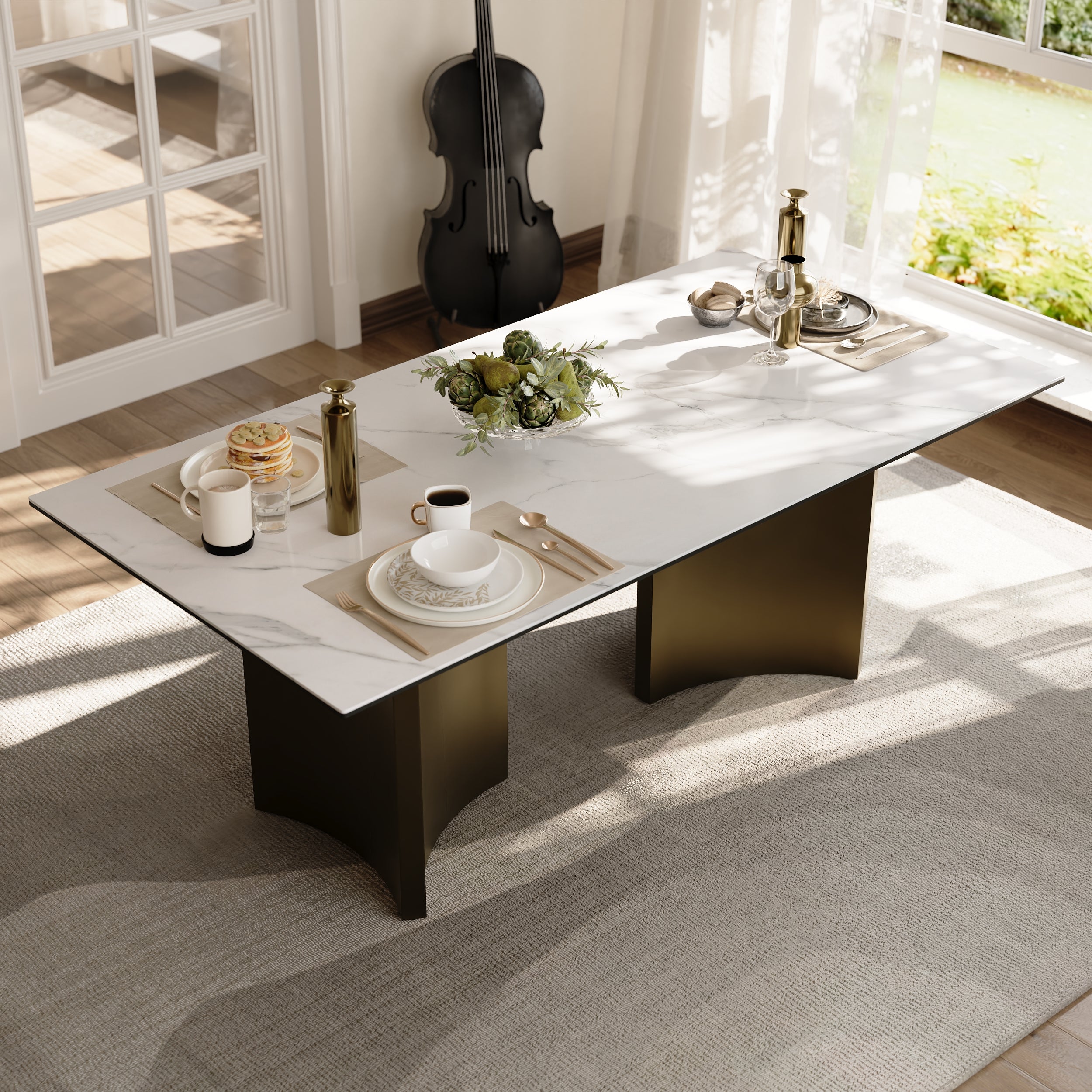 78" Sintered Stone Dining Table | Triangle Base Dining Table Table for 6-8 | Stainless Steel Brushed Gold Frame | T242
