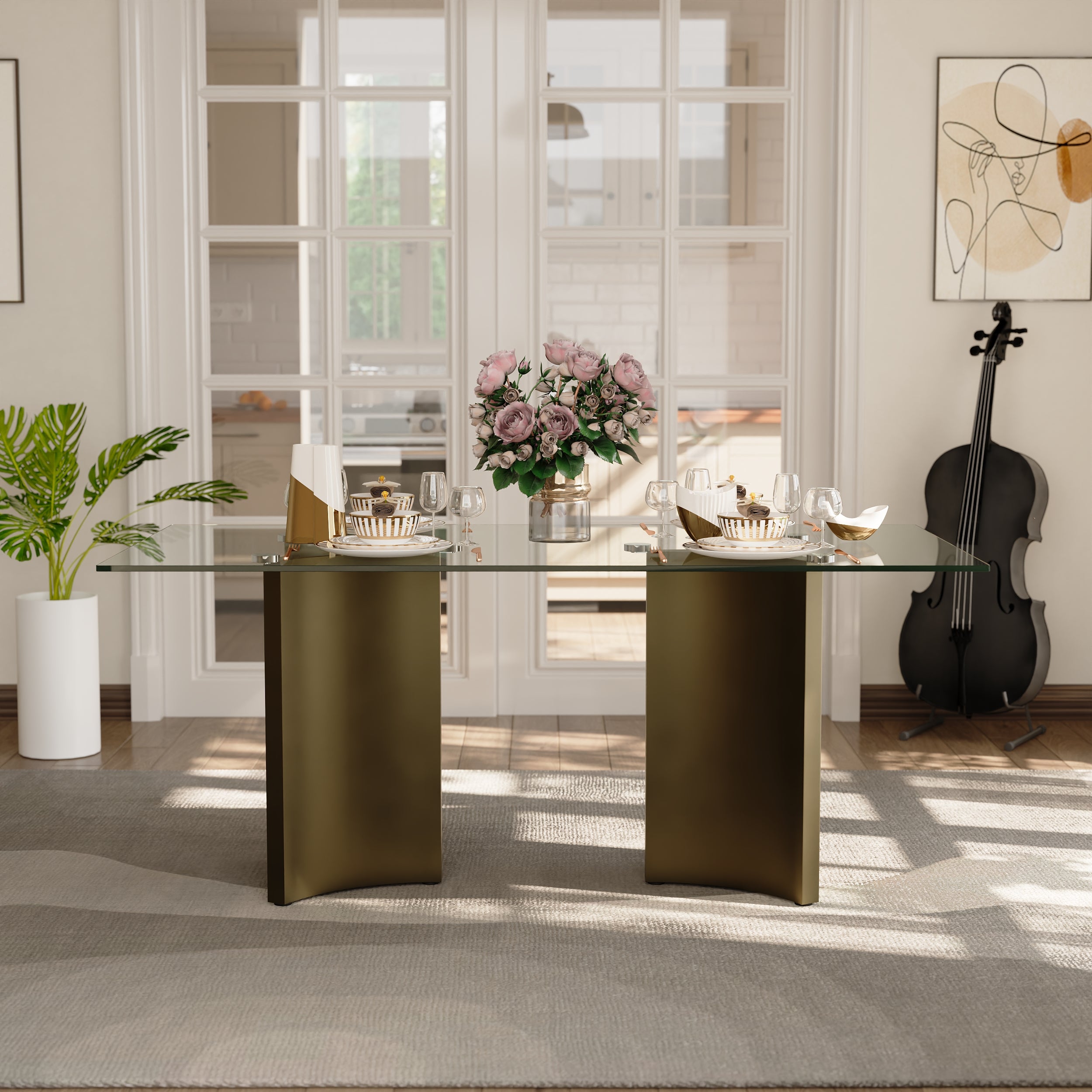 70" Glass Dining Table | Triangle Base Dining Table Table for 4-6 | Stainless Steel Brushed Gold Frame | T239
