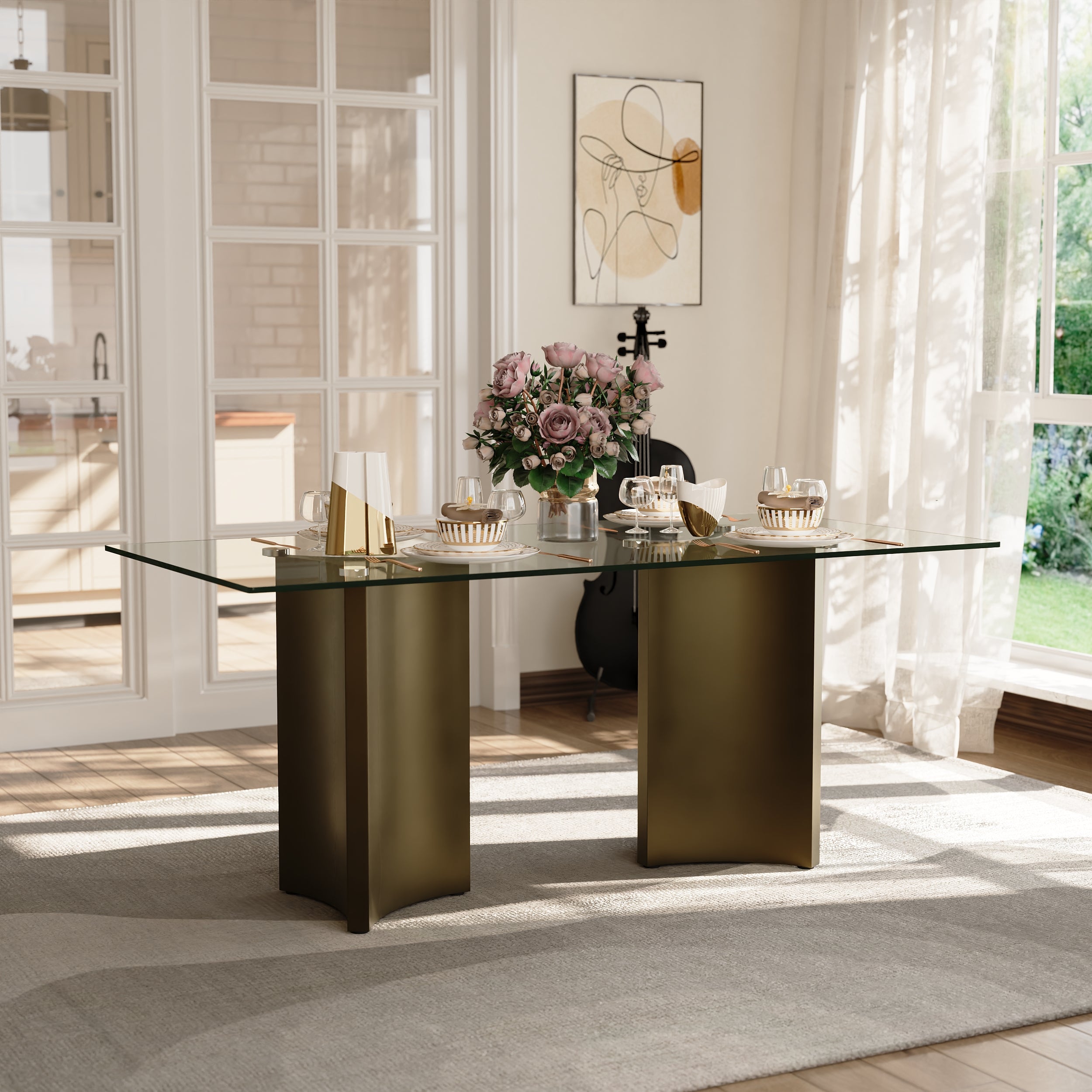 70" Glass Dining Table | Triangle Base Dining Table Table for 4-6 | Stainless Steel Brushed Gold Frame | T239