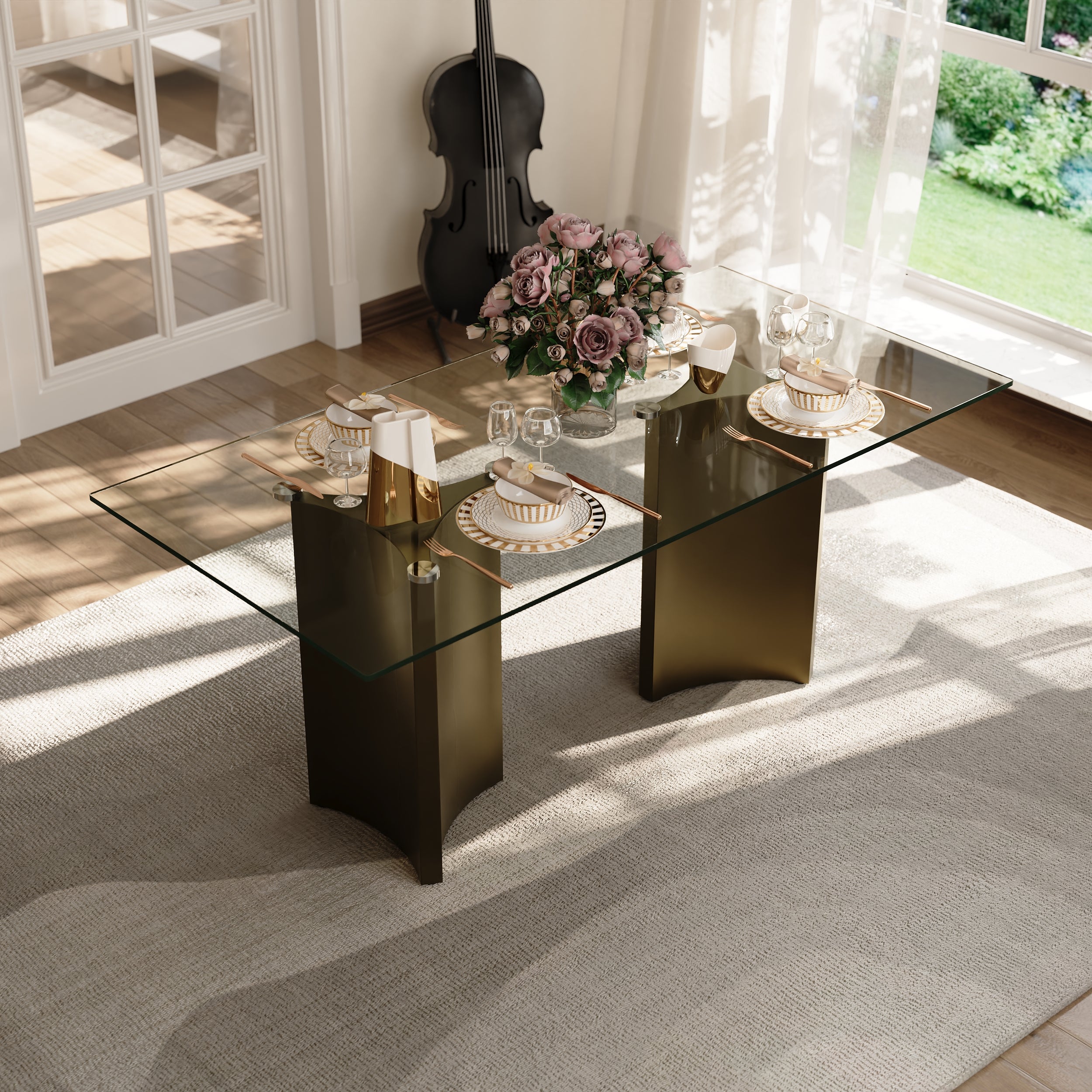 70" Glass Dining Table | Triangle Base Dining Table Table for 4-6 | Stainless Steel Brushed Gold Frame | T239