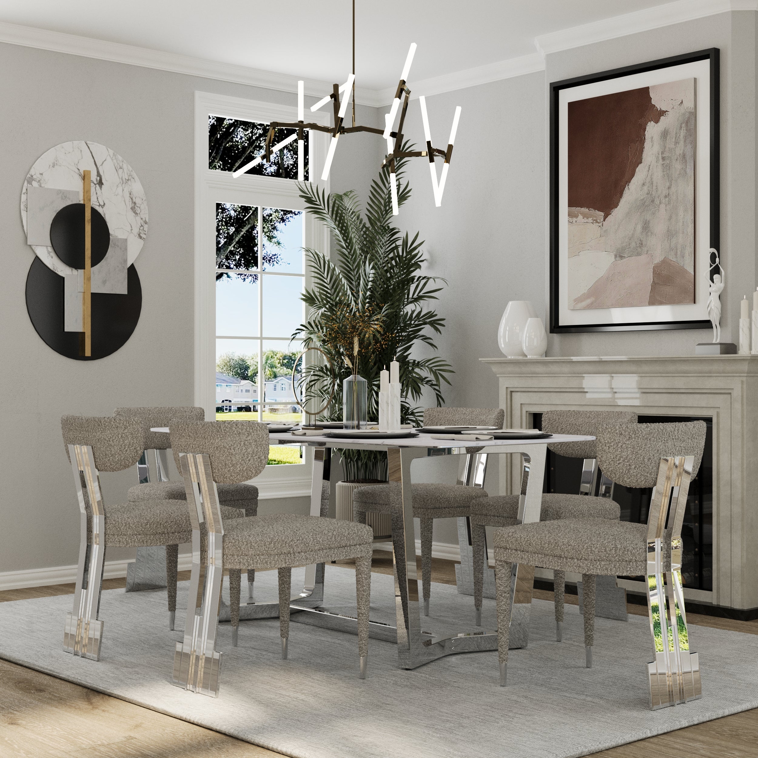 70" White Dining Table | Sintered Stone Dining Room Table for 4-6 | Silver Polished Frame | T235