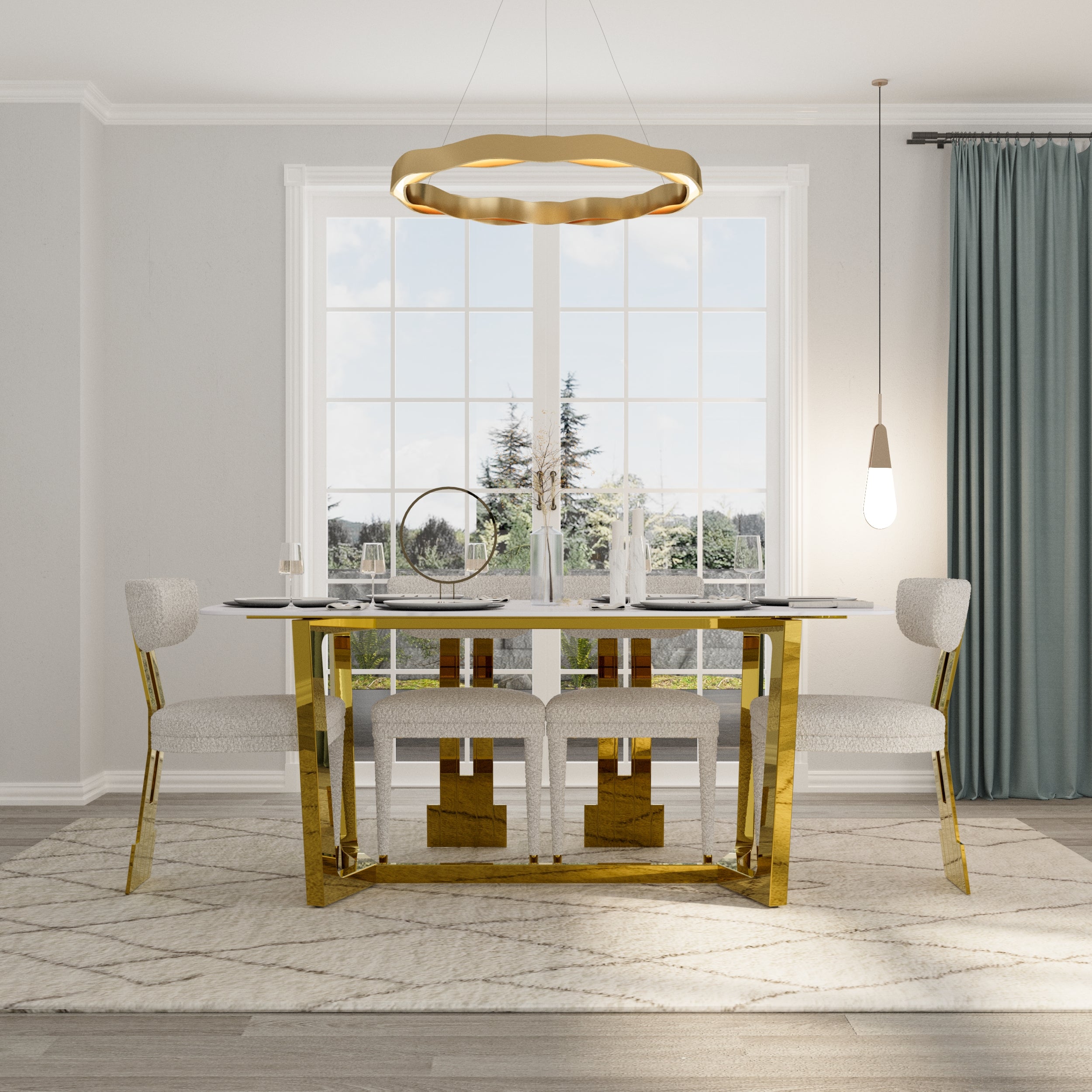 70" White Dining Table | Sintered Stone Dining Room Table for 4-6 | Gold Polished Frame | T234