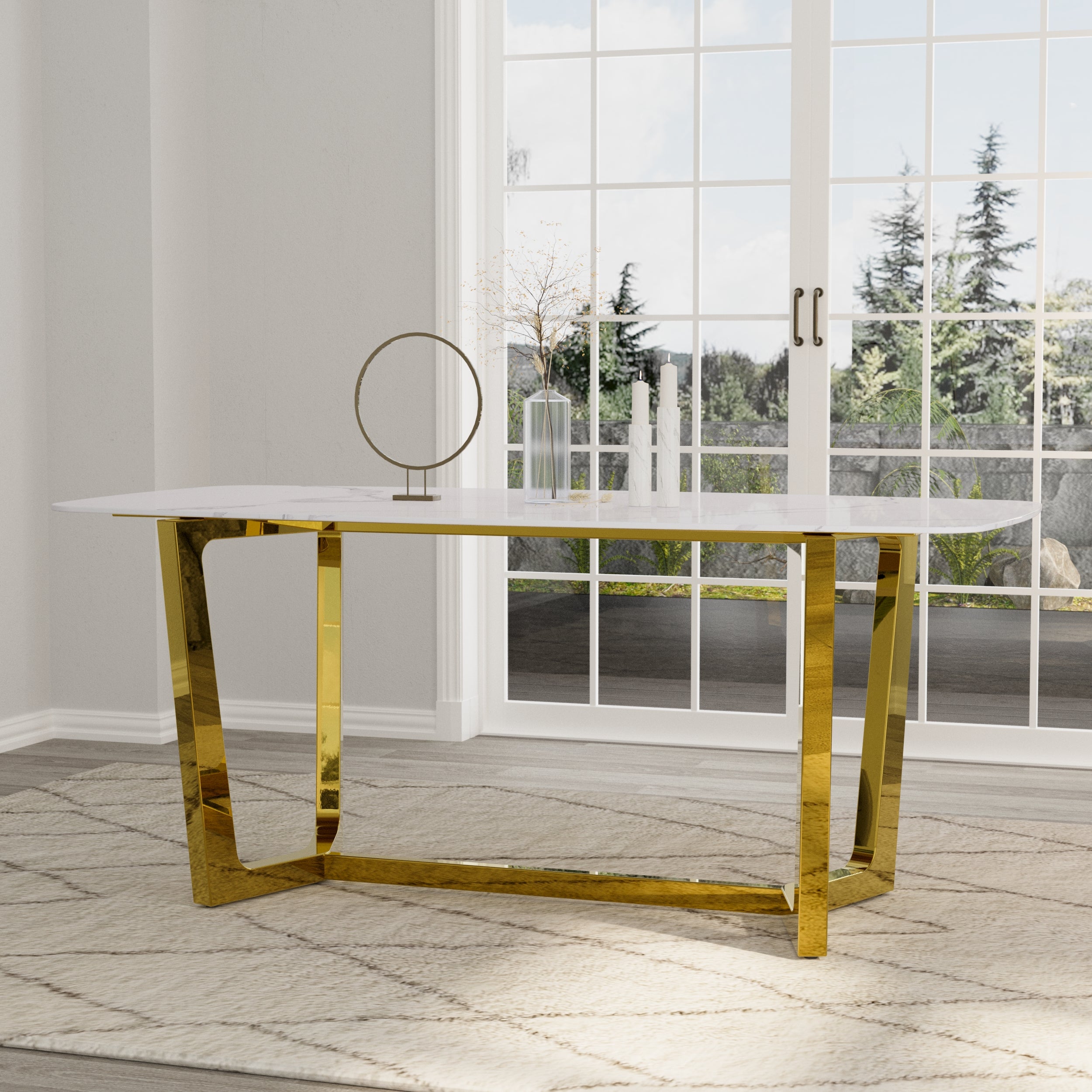 70" White Dining Table | Sintered Stone Dining Room Table for 4-6 | Gold Polished Frame | T234