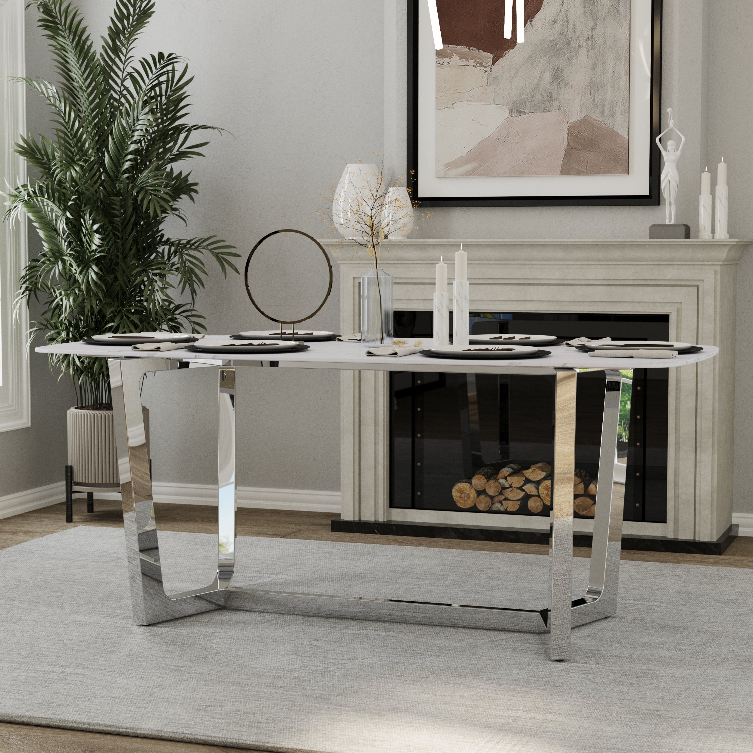 70" White Dining Table | Sintered Stone Dining Room Table for 4-6 | Silver Polished Frame | T235