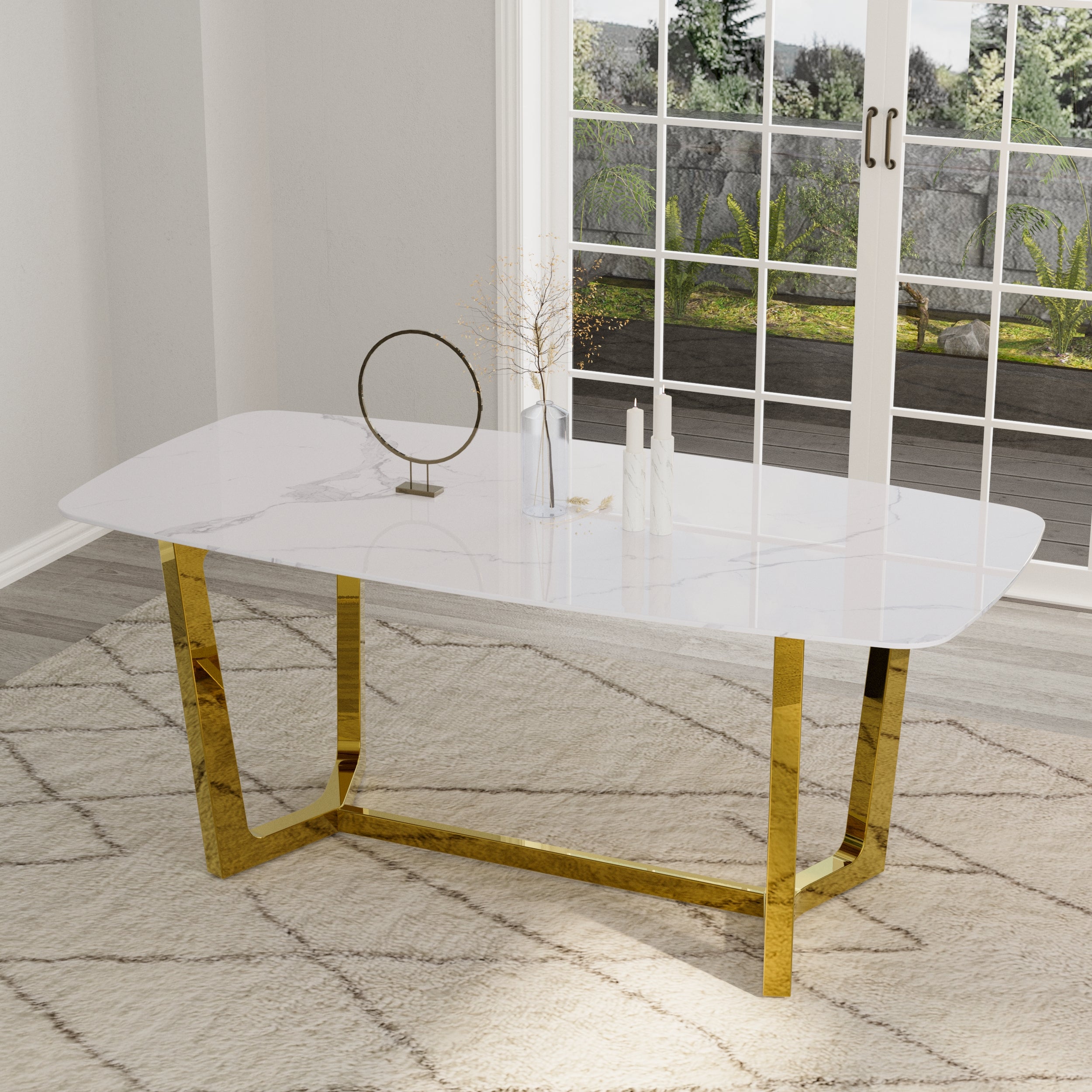 70" White Dining Table | Sintered Stone Dining Room Table for 4-6 | Gold Polished Frame | T234